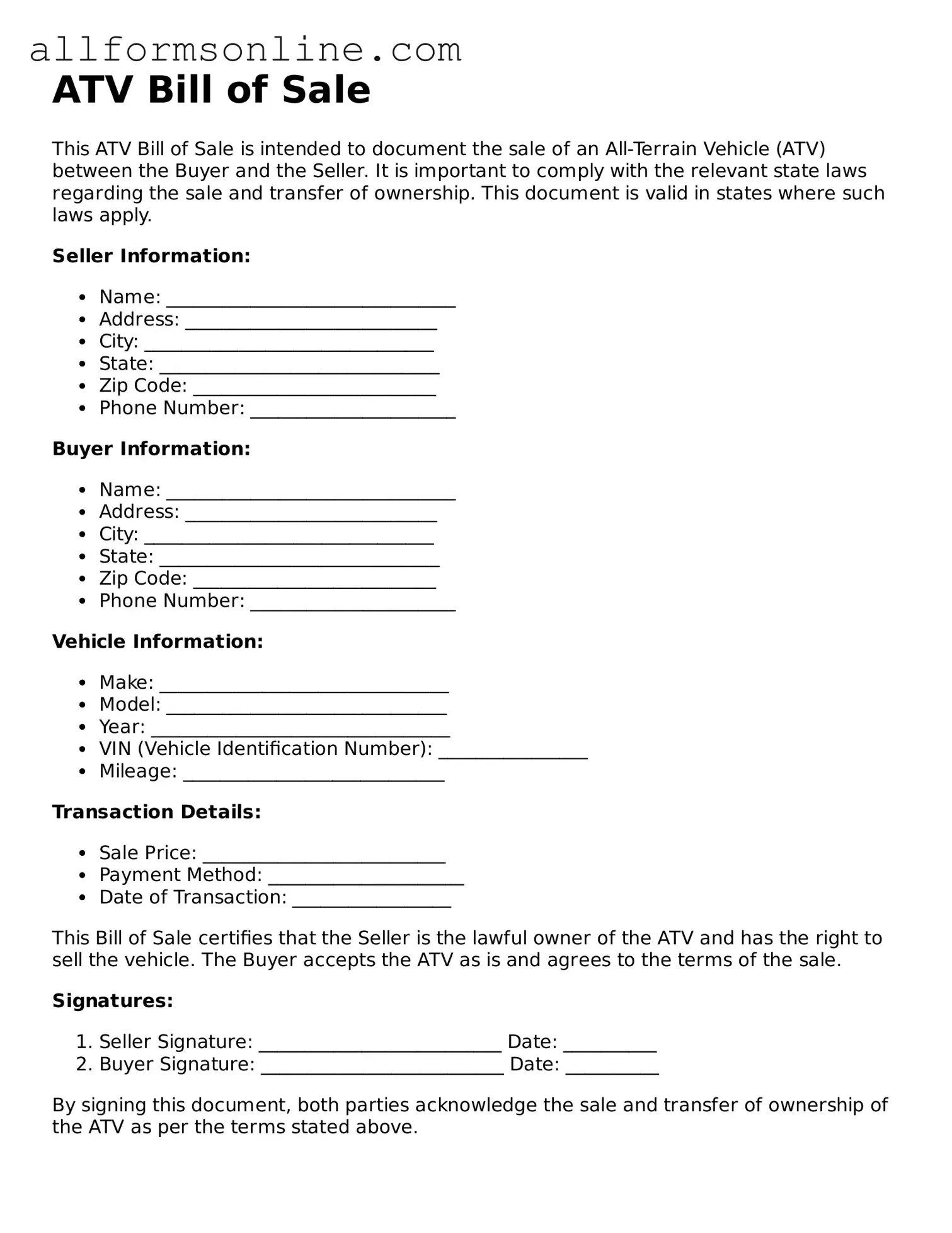 Blank ATV Bill of Sale Form