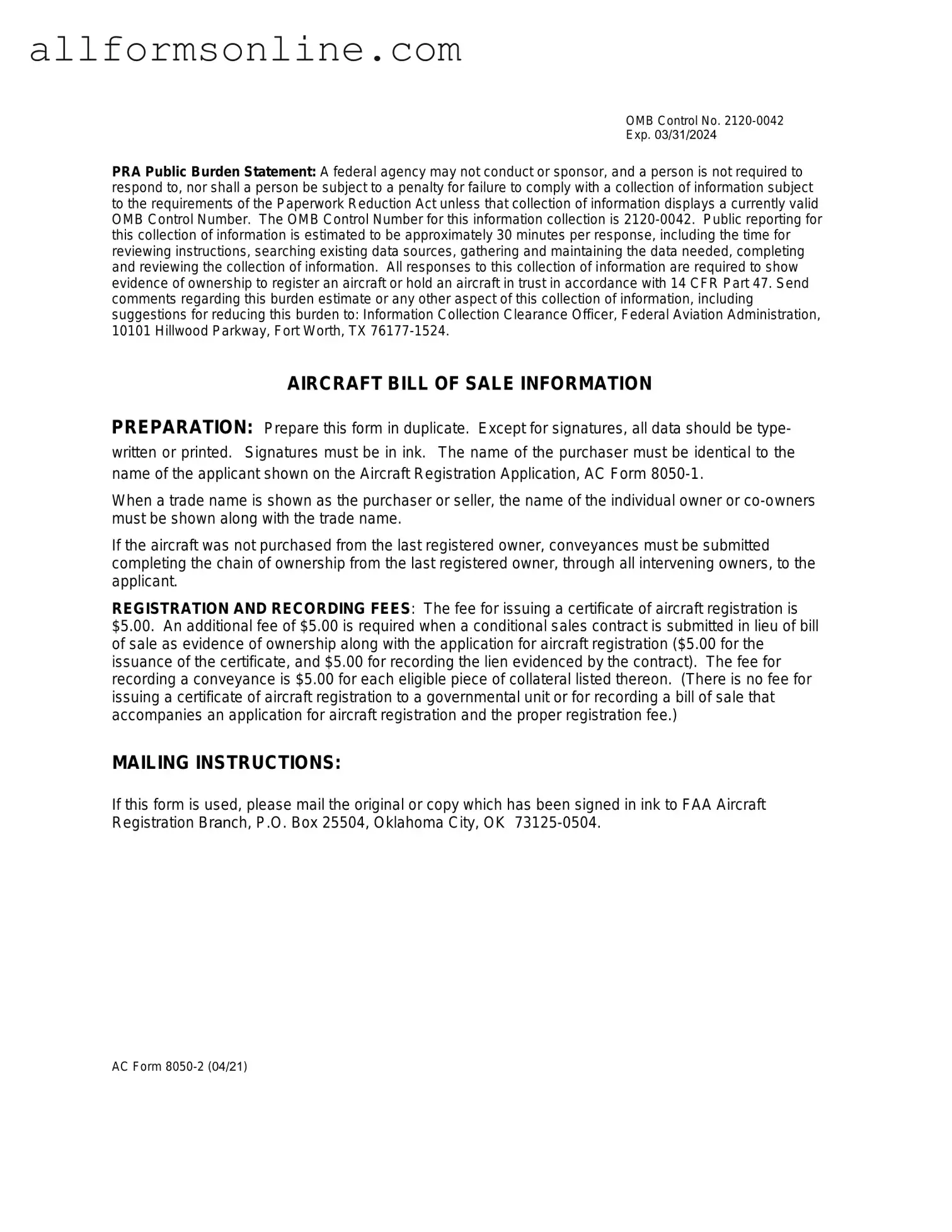 Free Aircraft Bill of Sale AC 8050-2 PDF Form
