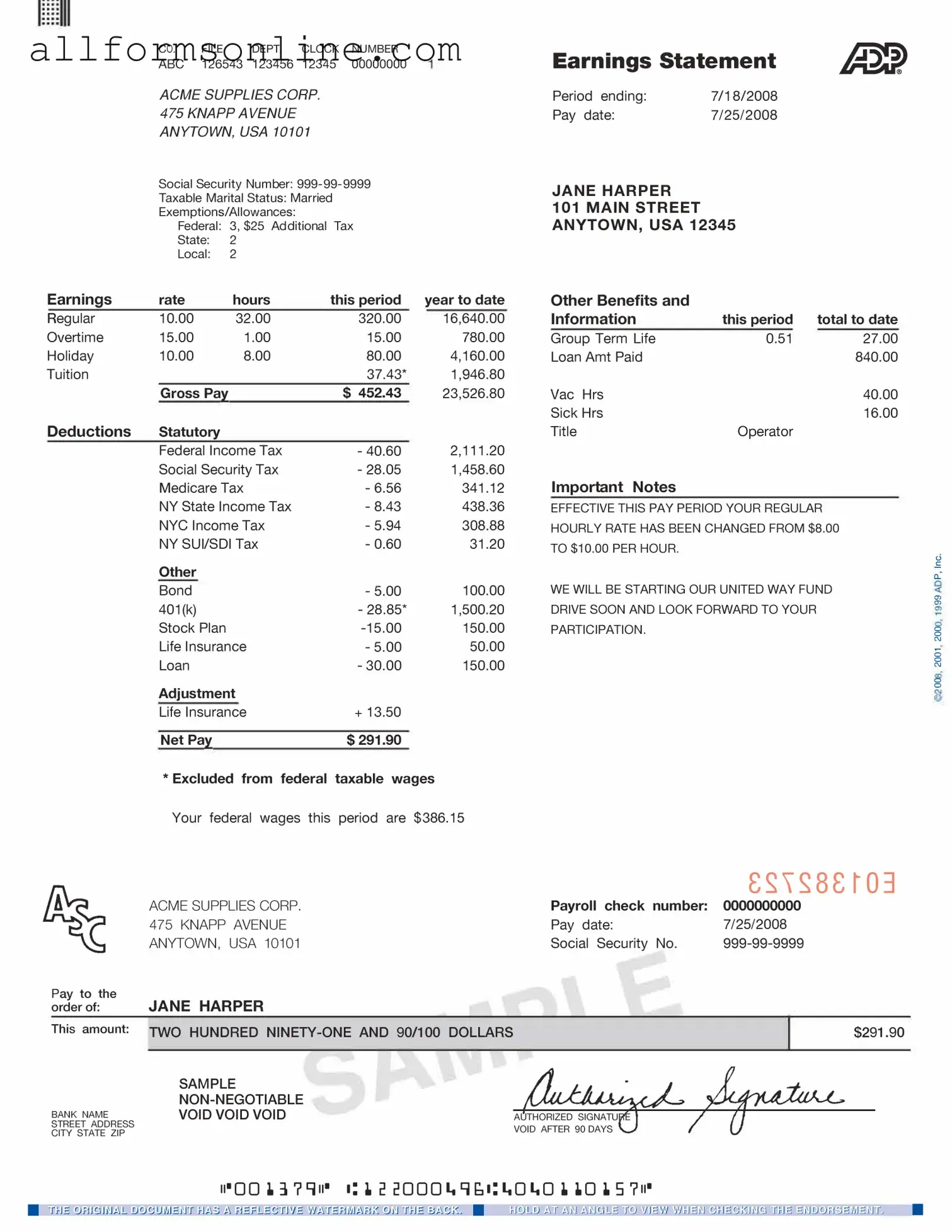 Free Adp Pay Stub PDF Form
