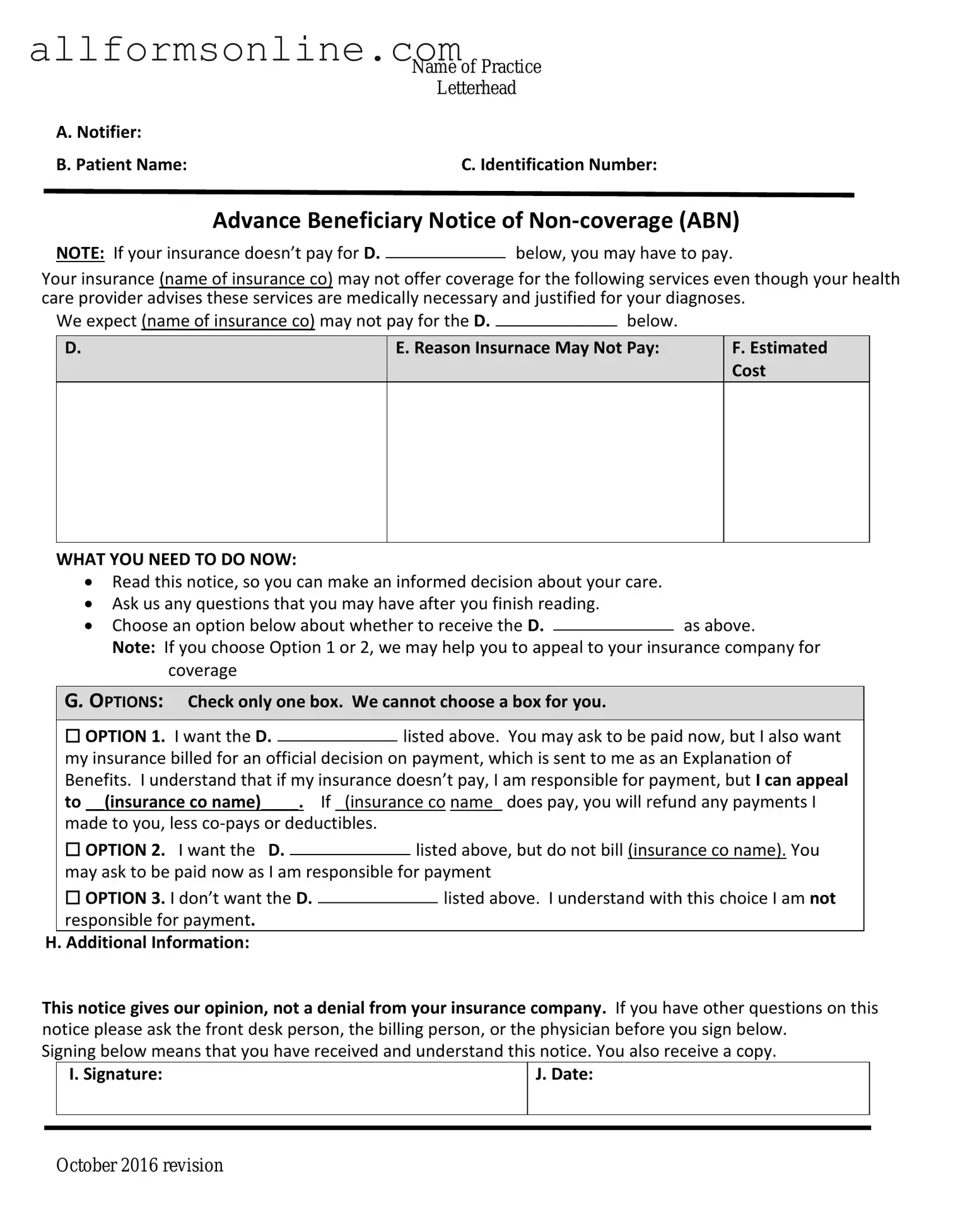 Free Advance Beneficiary Notice of Non-coverage PDF Form