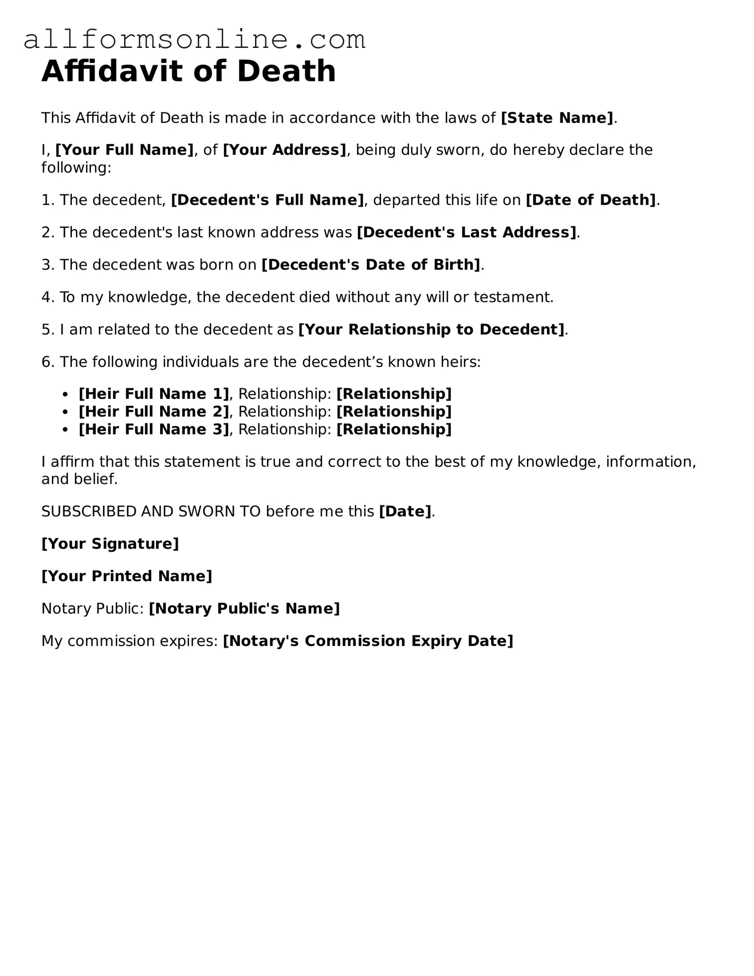 Blank Affidavit of Death Form