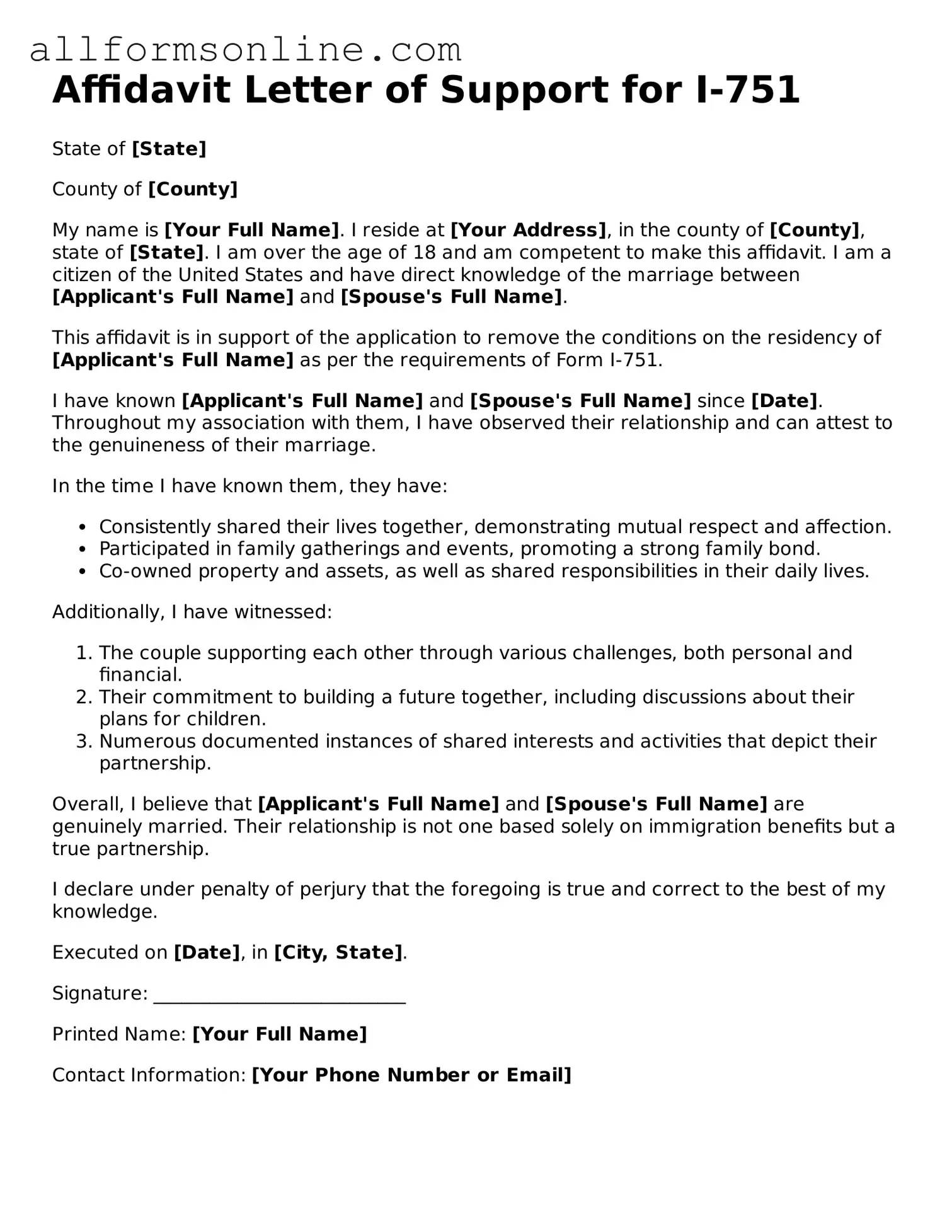 Blank Affidavit Letter of Support for I-751 Form