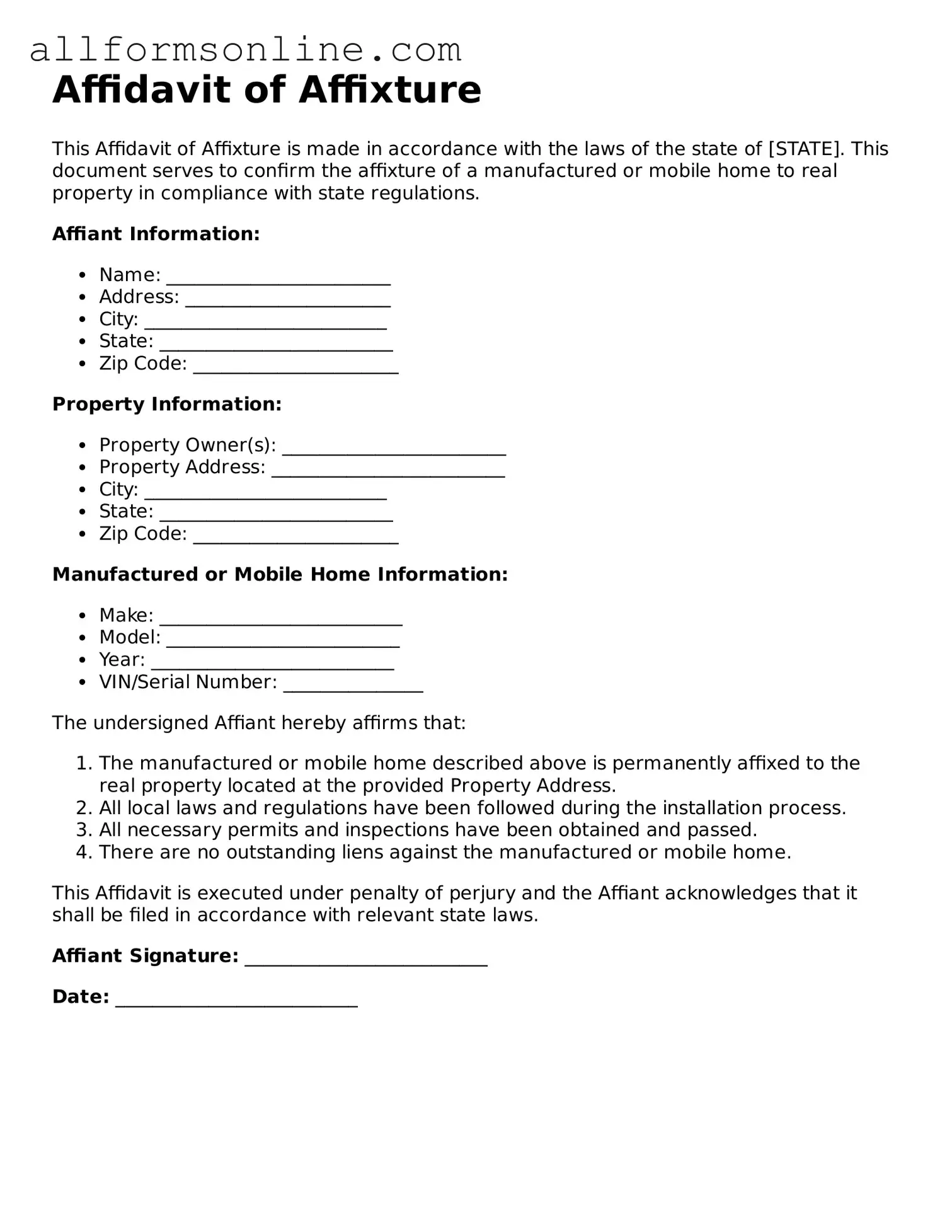 Blank Affidavit of Affixture Form
