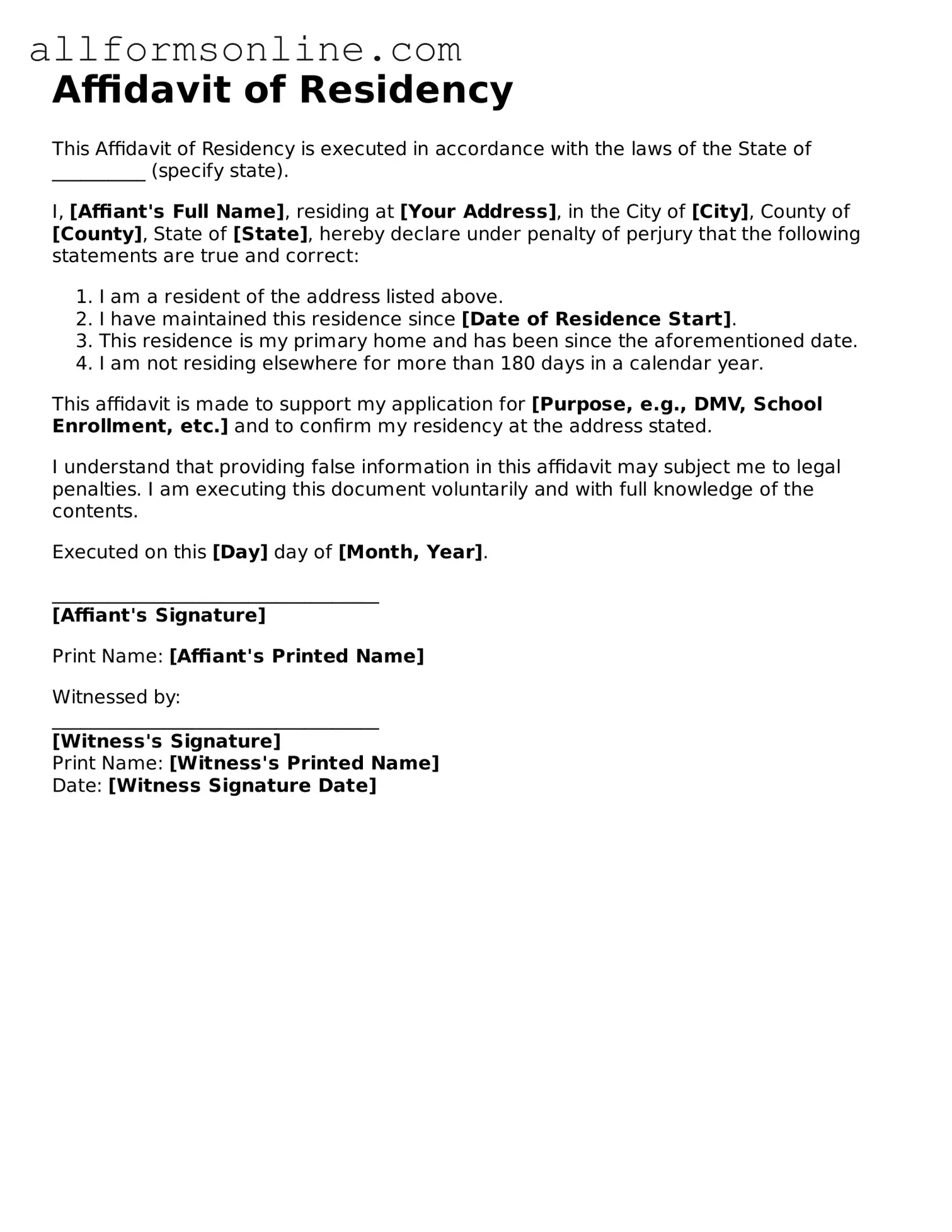 Blank Affidavit of Residency Form