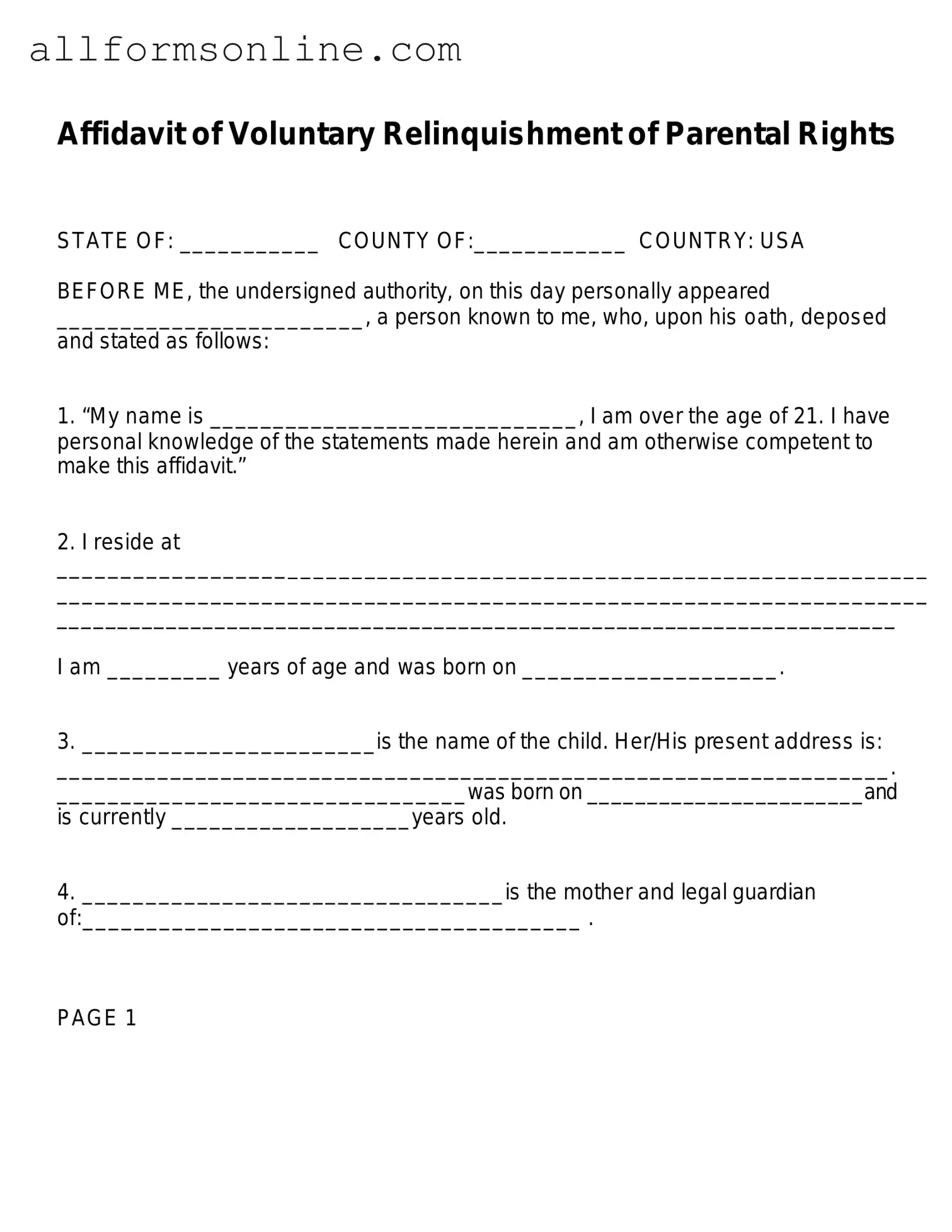 Free Affidavit Parental Rights PDF Form