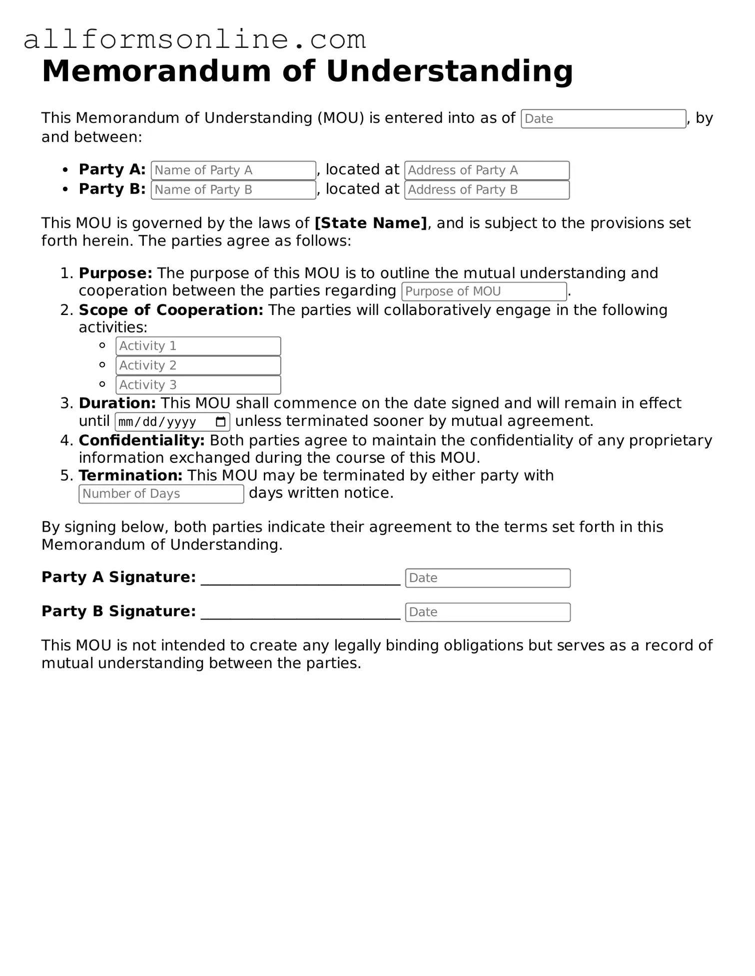 Blank Memorandum of Understanding Form