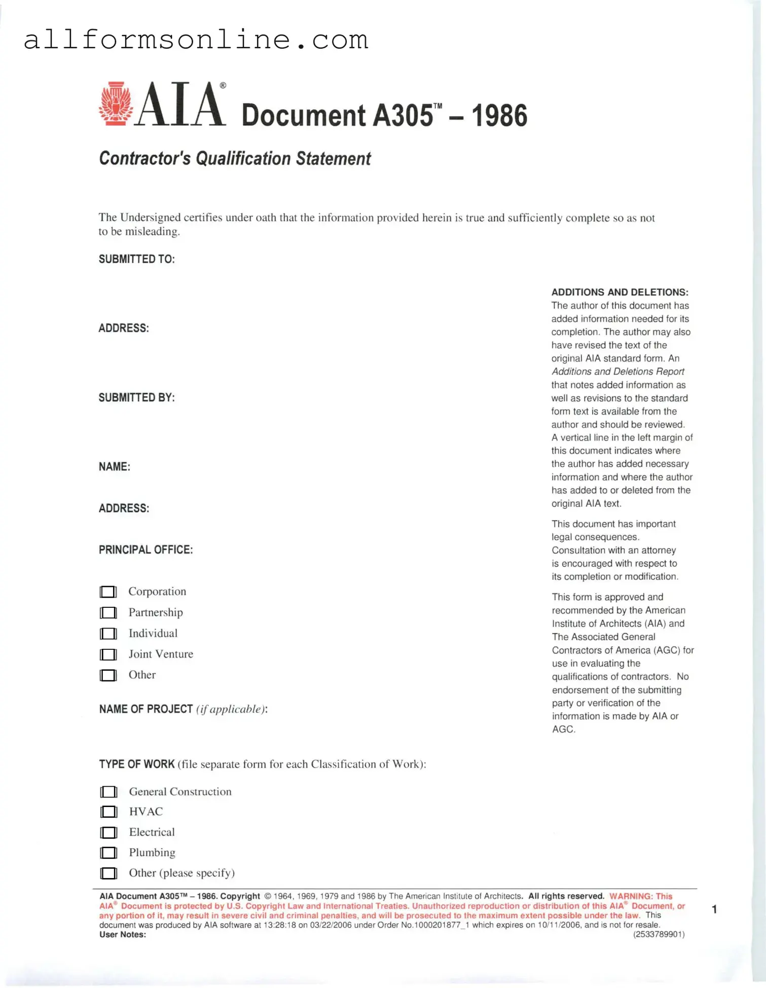 Free AIA A305 PDF Form
