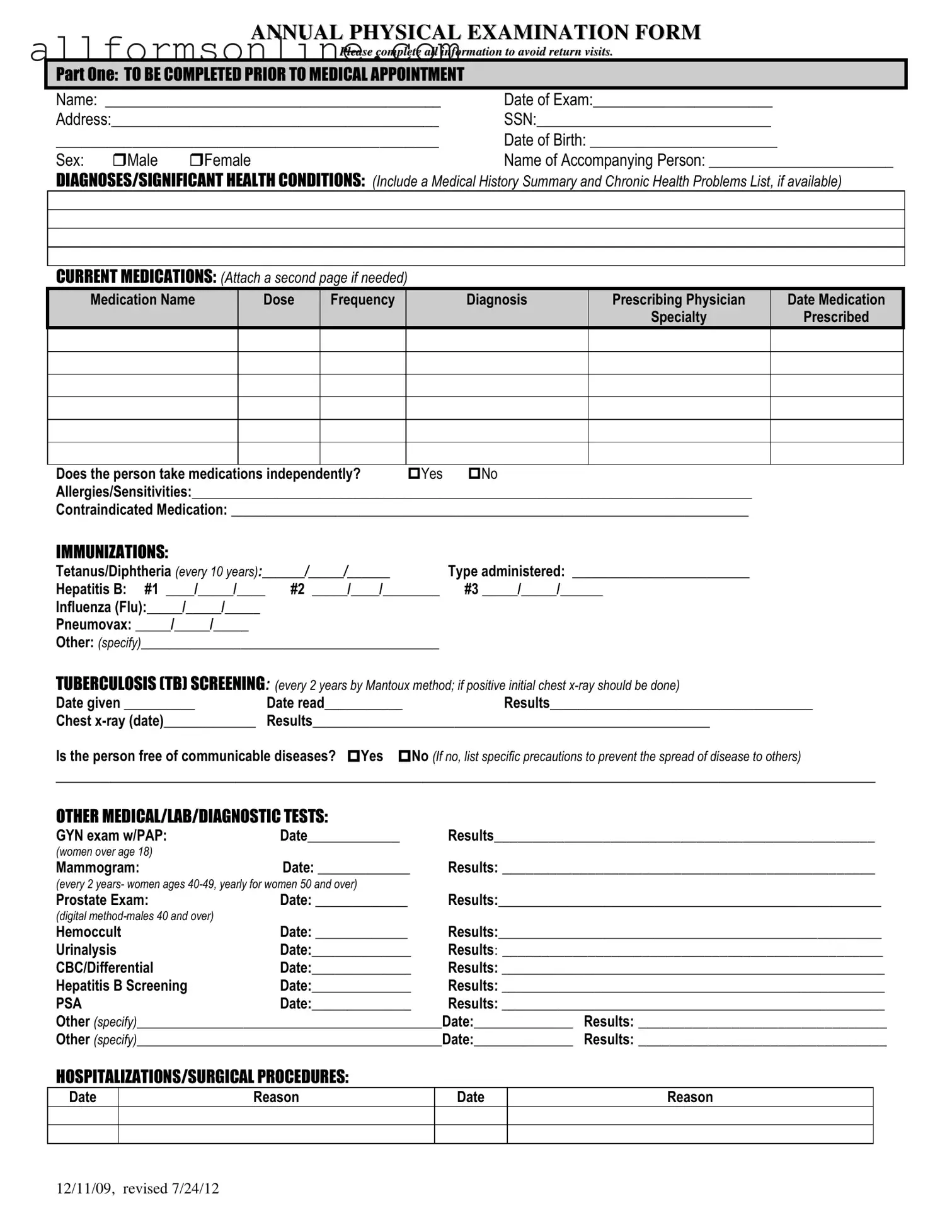Free Annual Physical Examination PDF Form