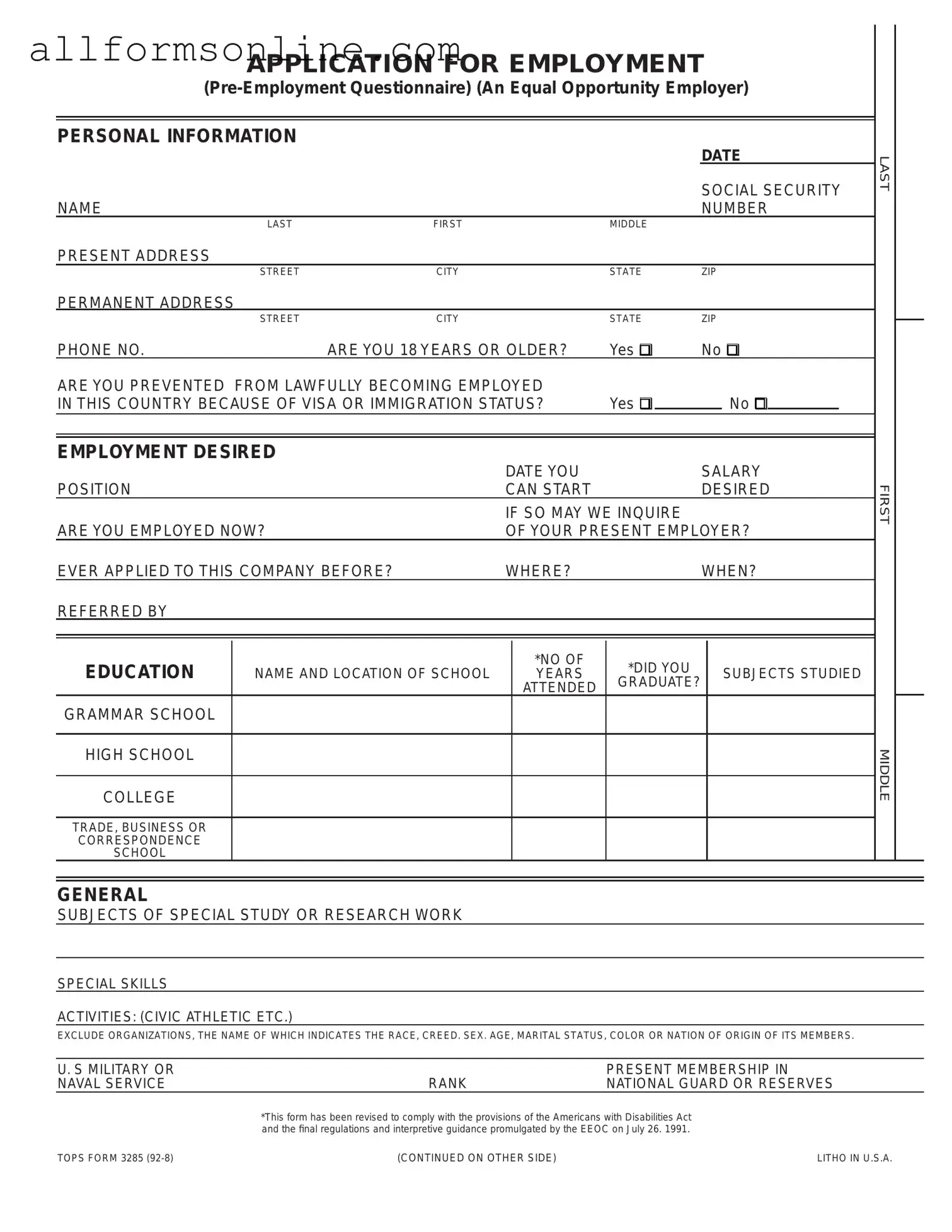 Free Employment Application Pdf PDF Form