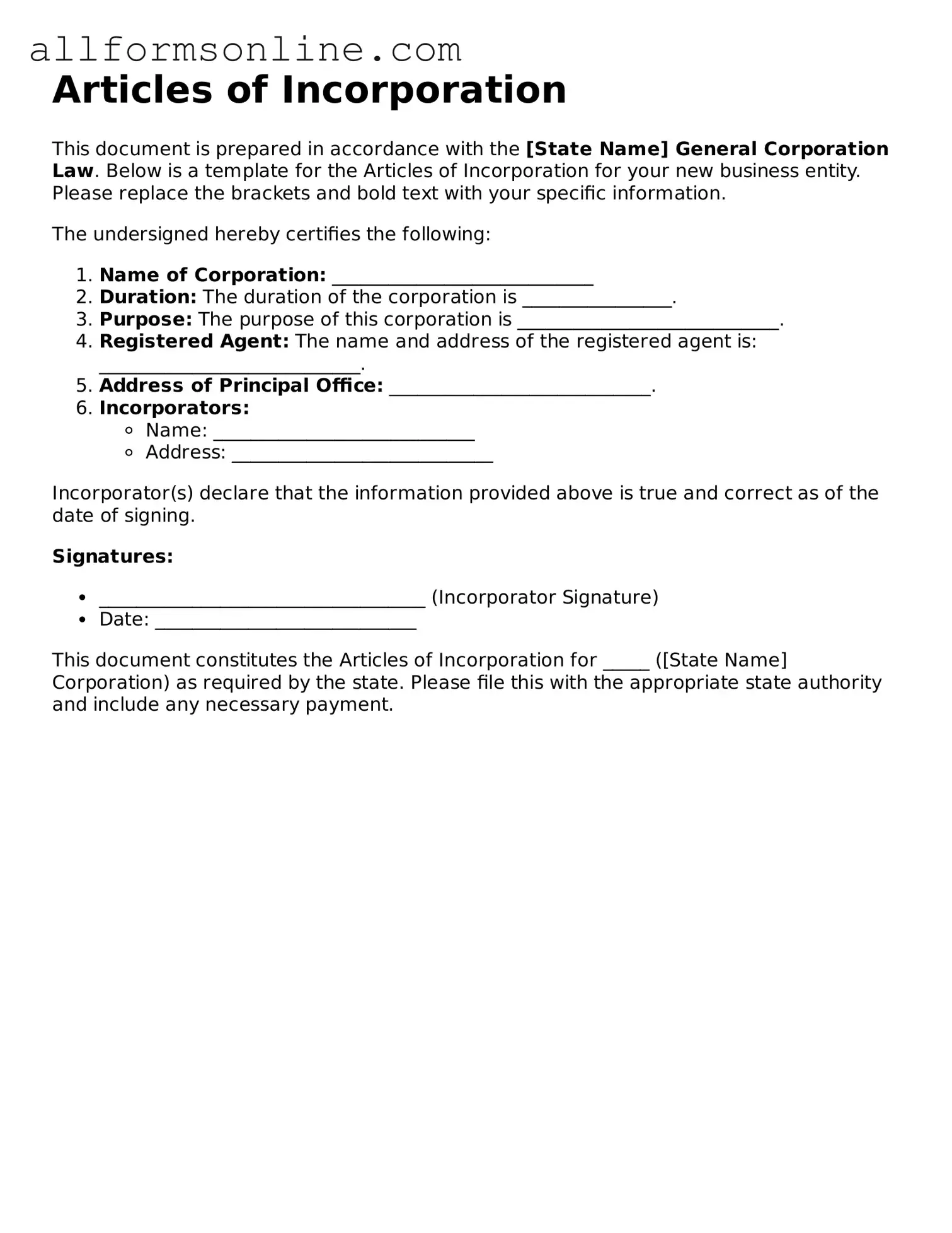 Blank Articles of Incorporation Form