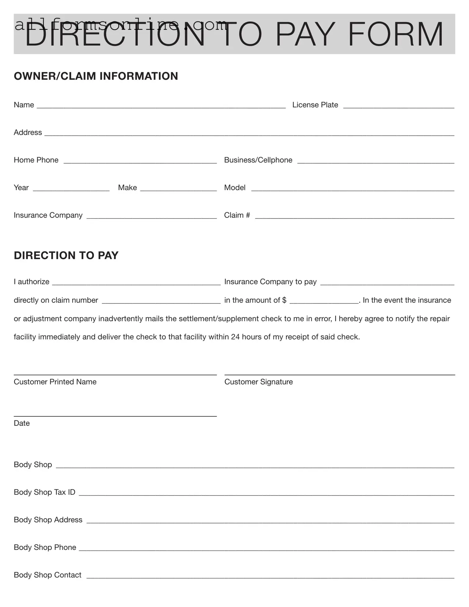 Free Authorization And Direction Pay PDF Form