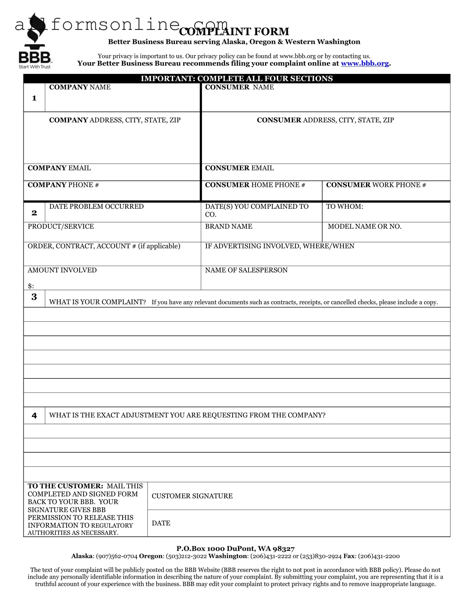 Free Bbb Complaint PDF Form