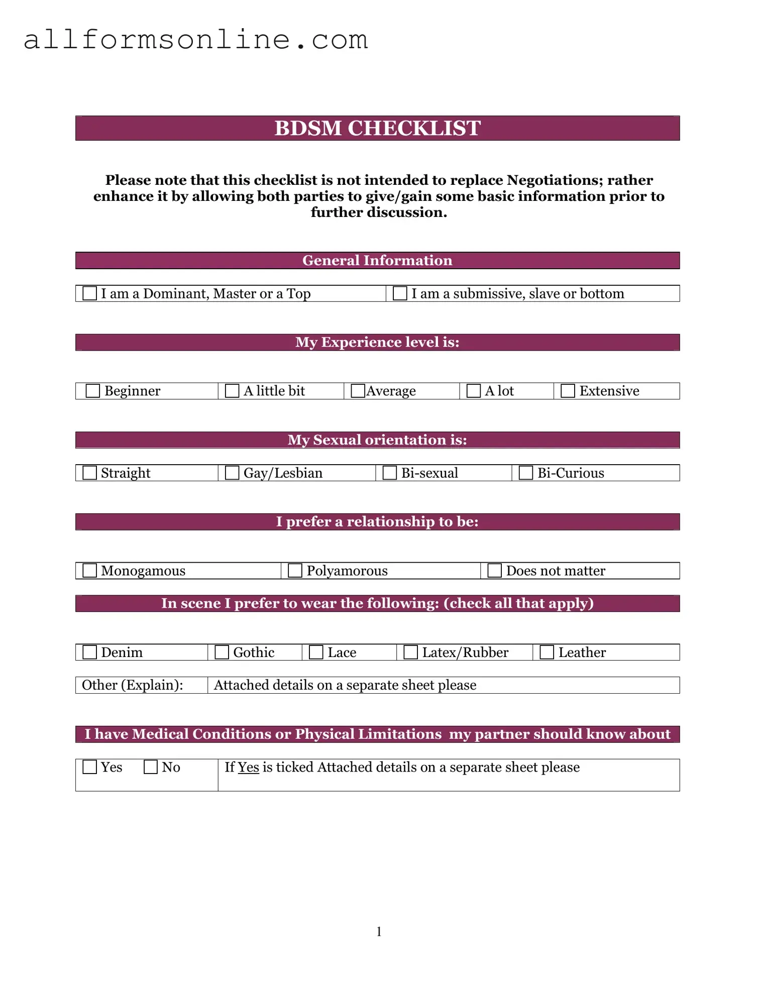 Free Bdsm Checklist PDF Form