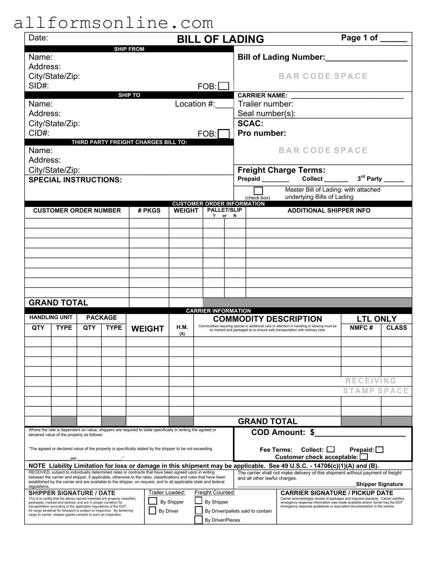 Free Bill of Lading with a Supplement PDF Form