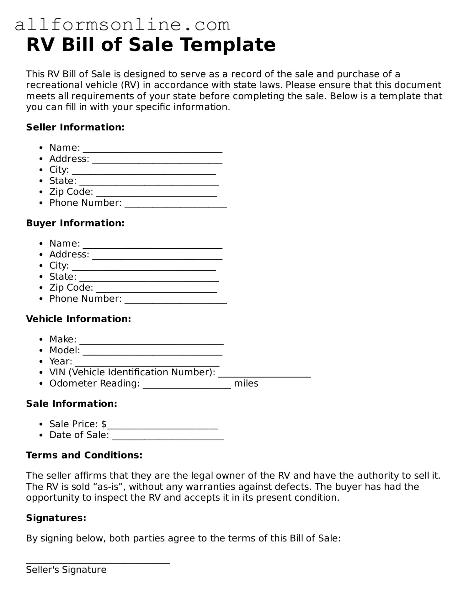 Blank RV Bill of Sale Form