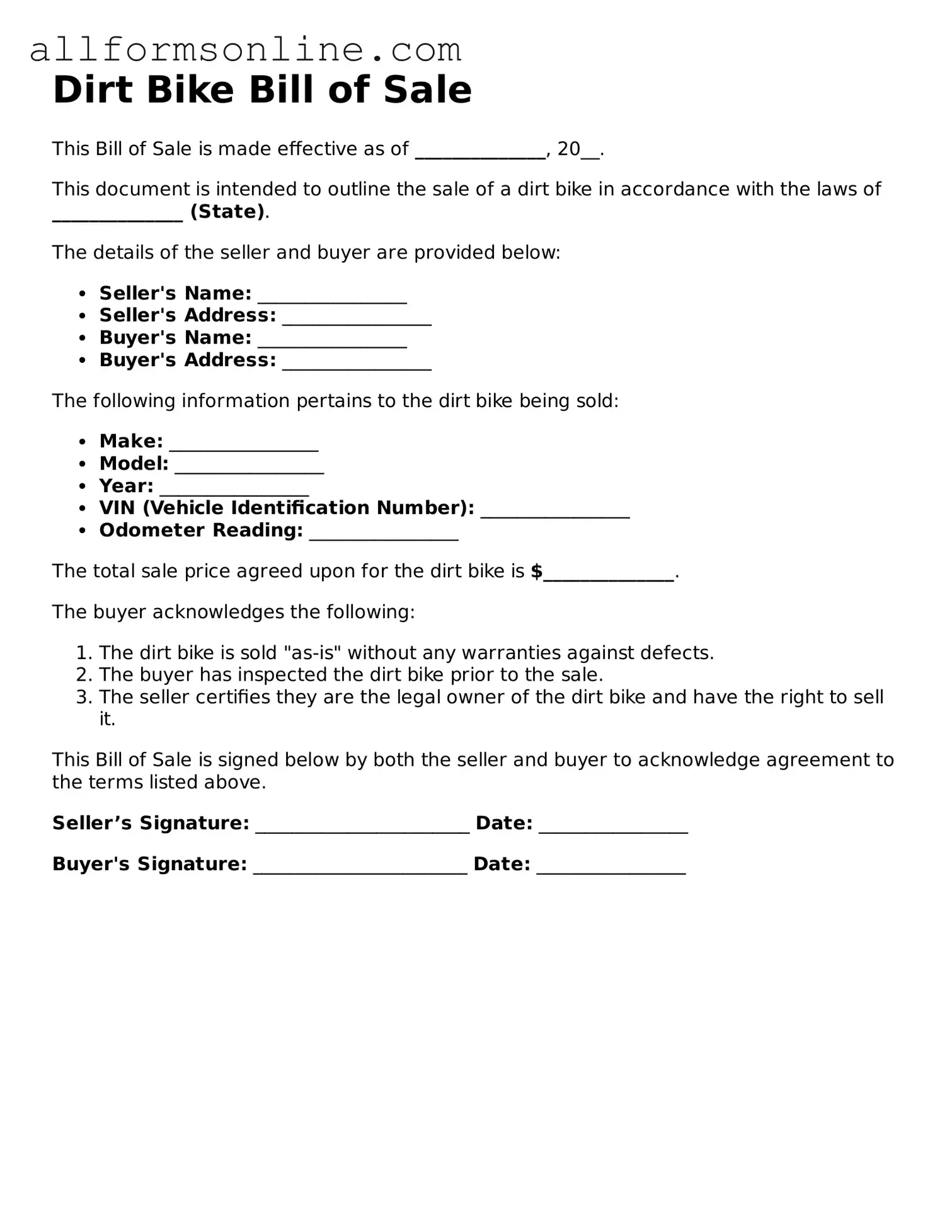 Blank Dirt Bike Bill of Sale Form