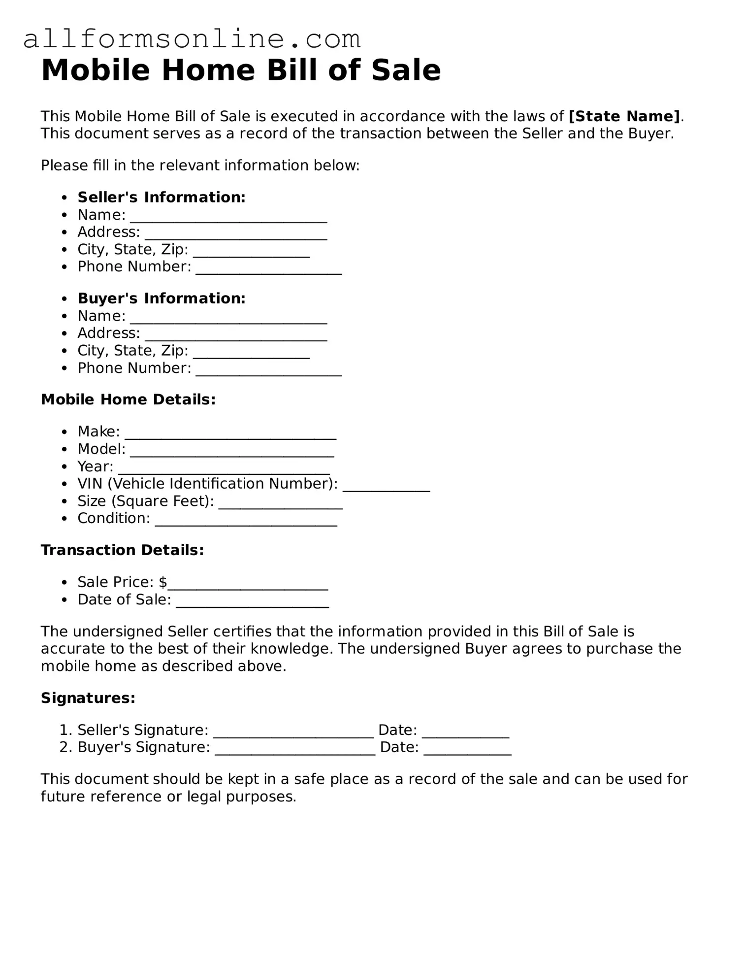 Blank Mobile Home Bill of Sale Form