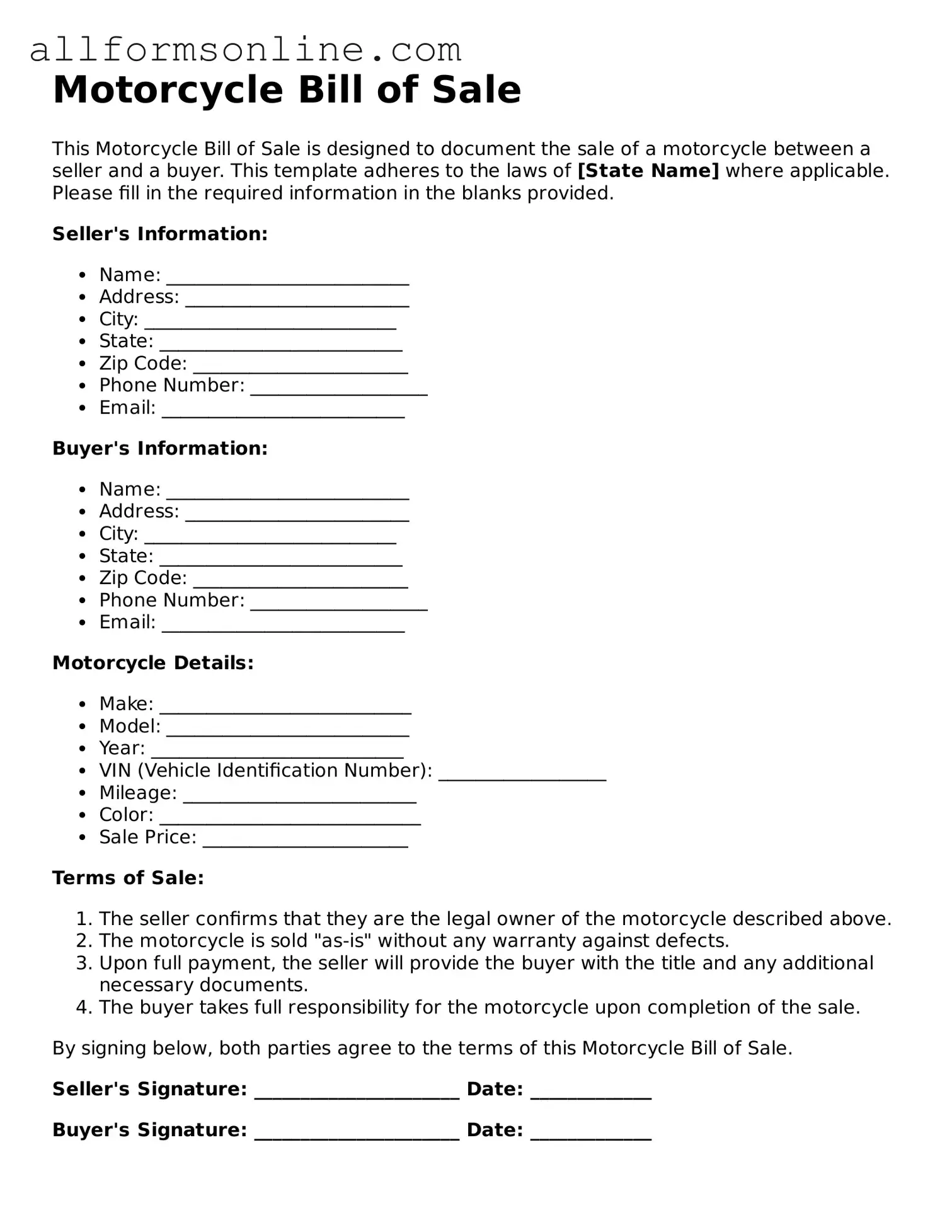 Blank Motorcycle Bill of Sale Form