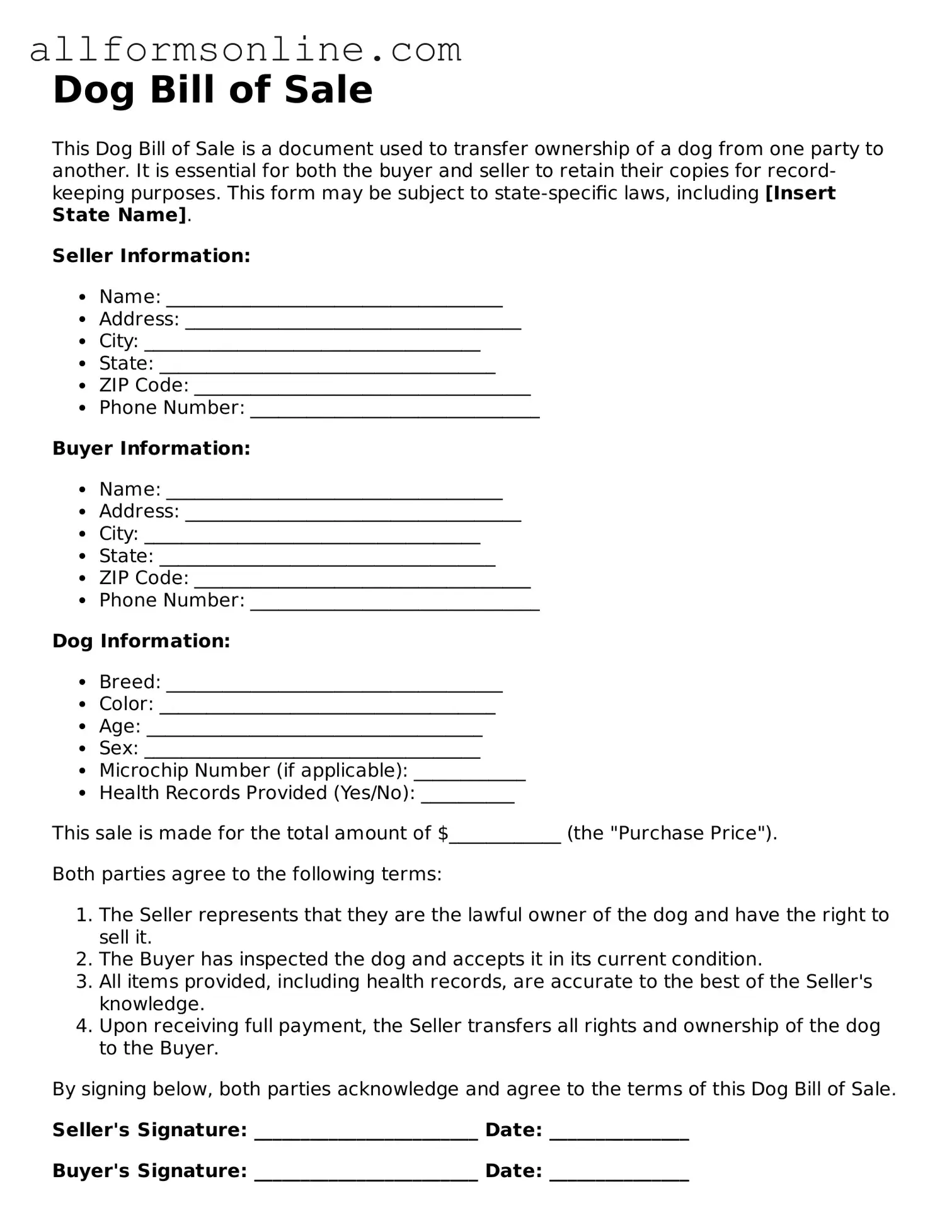 Blank Dog Bill of Sale Form