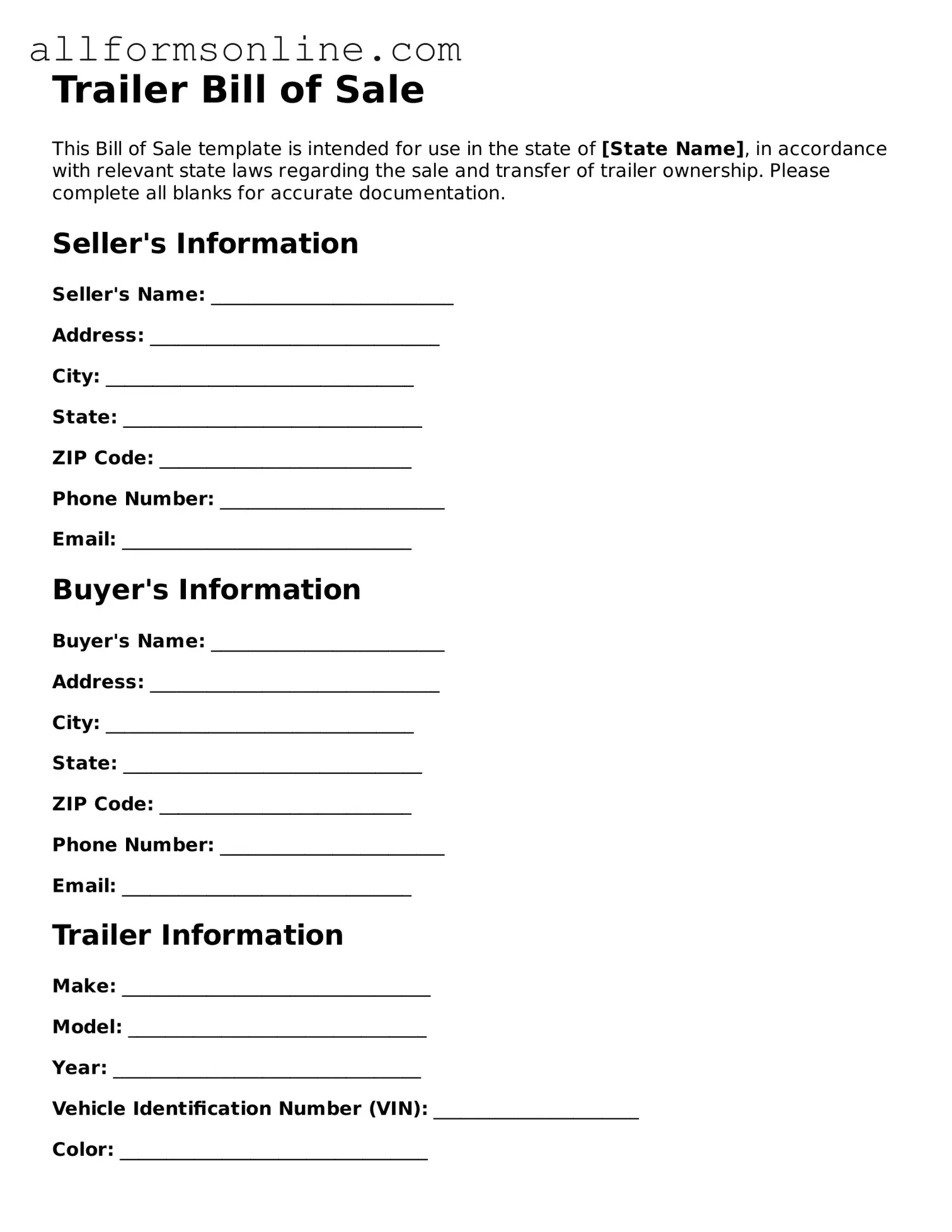 Blank Trailer Bill of Sale Form