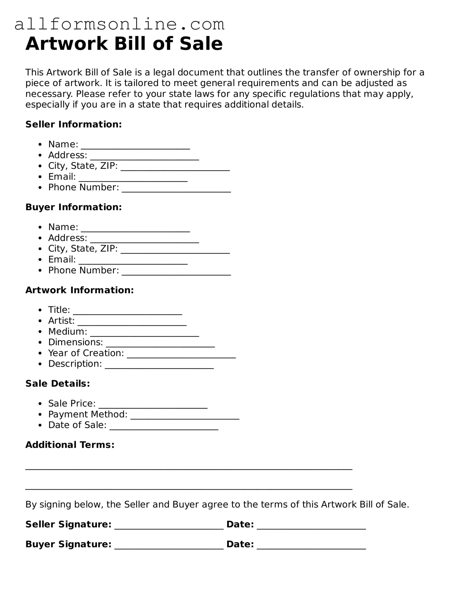 Blank Artwork Bill of Sale Form