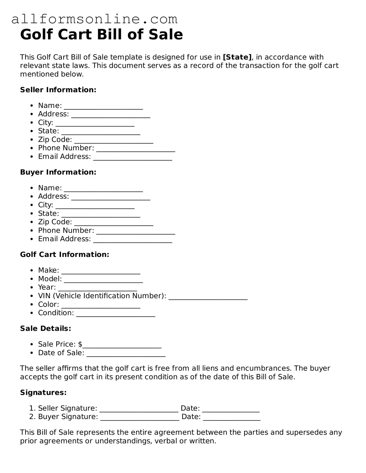 Blank Golf Cart Bill of Sale Form