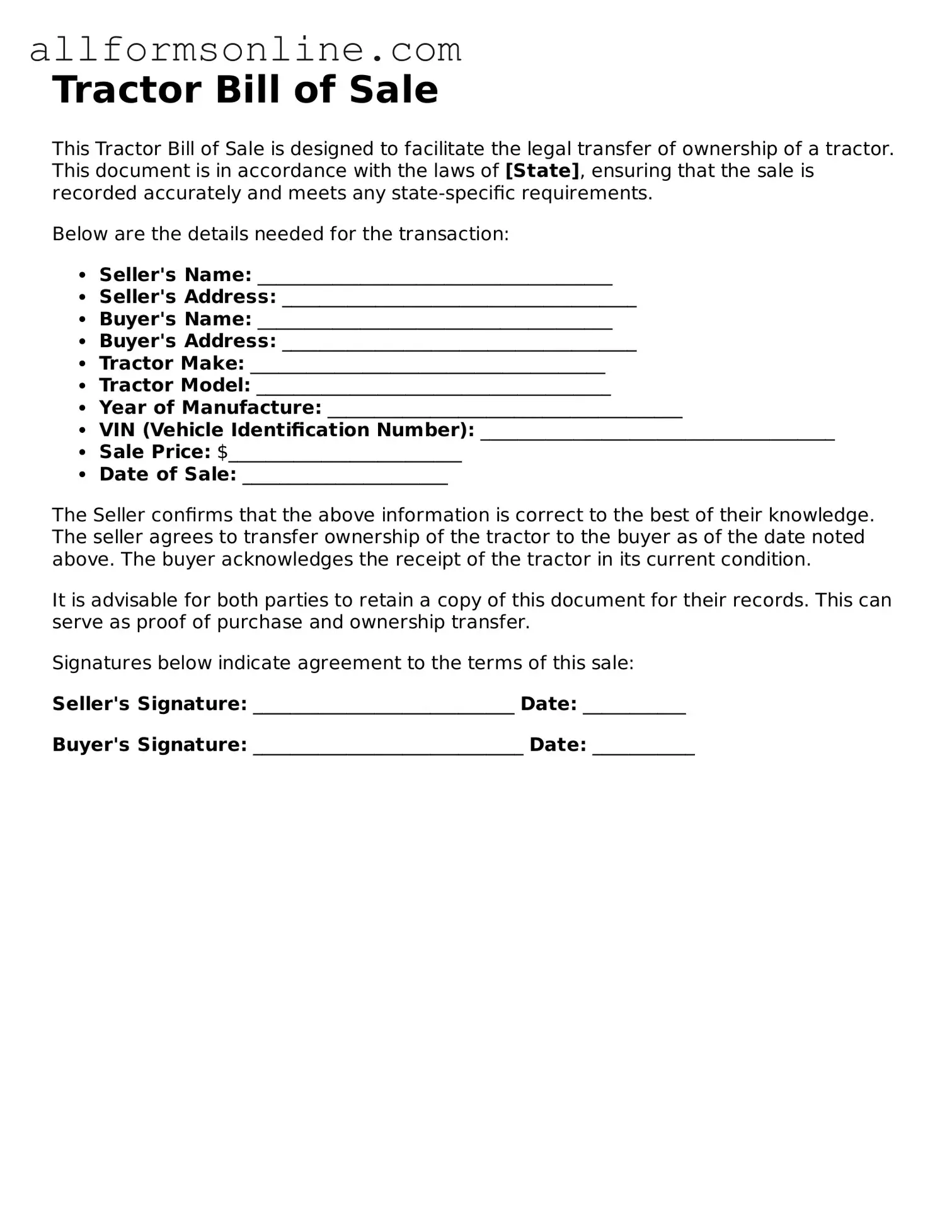 Blank Tractor Bill of Sale Form