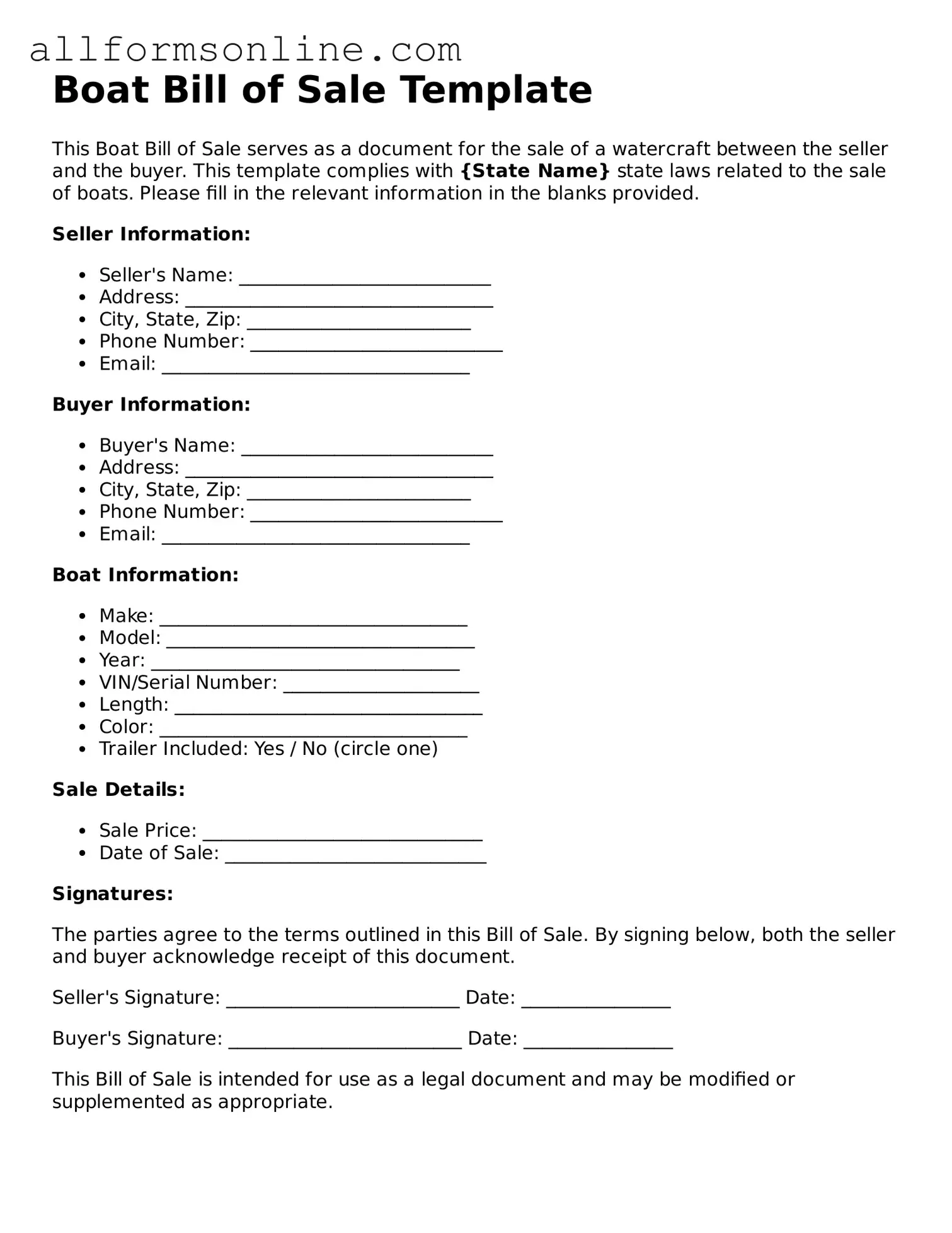 Blank Boat Bill of Sale Form