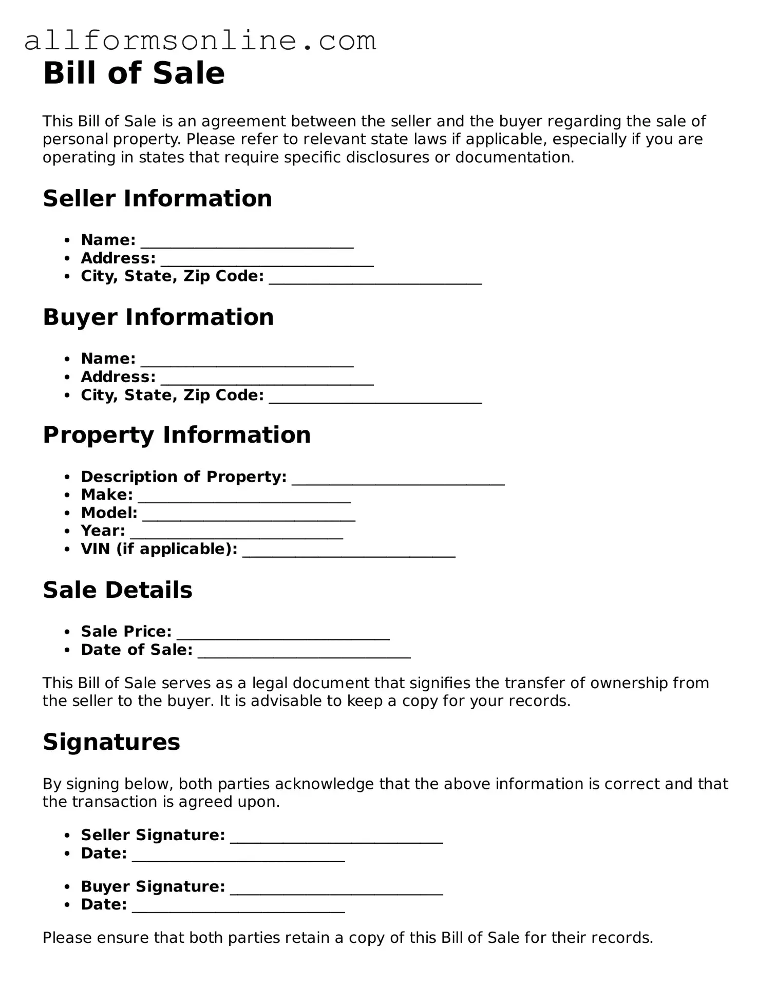 Blank Bill of Sale Form