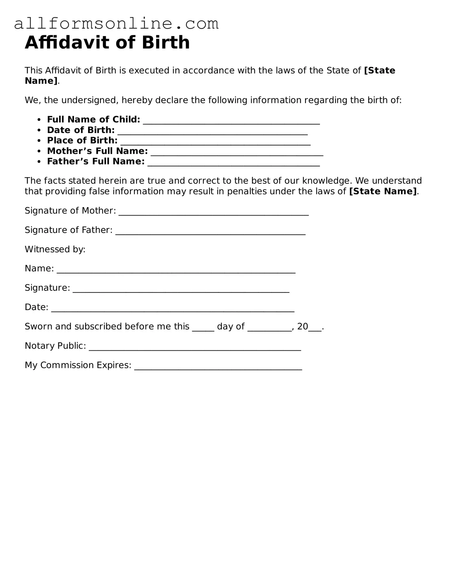 Blank Affidavit of Birth Form