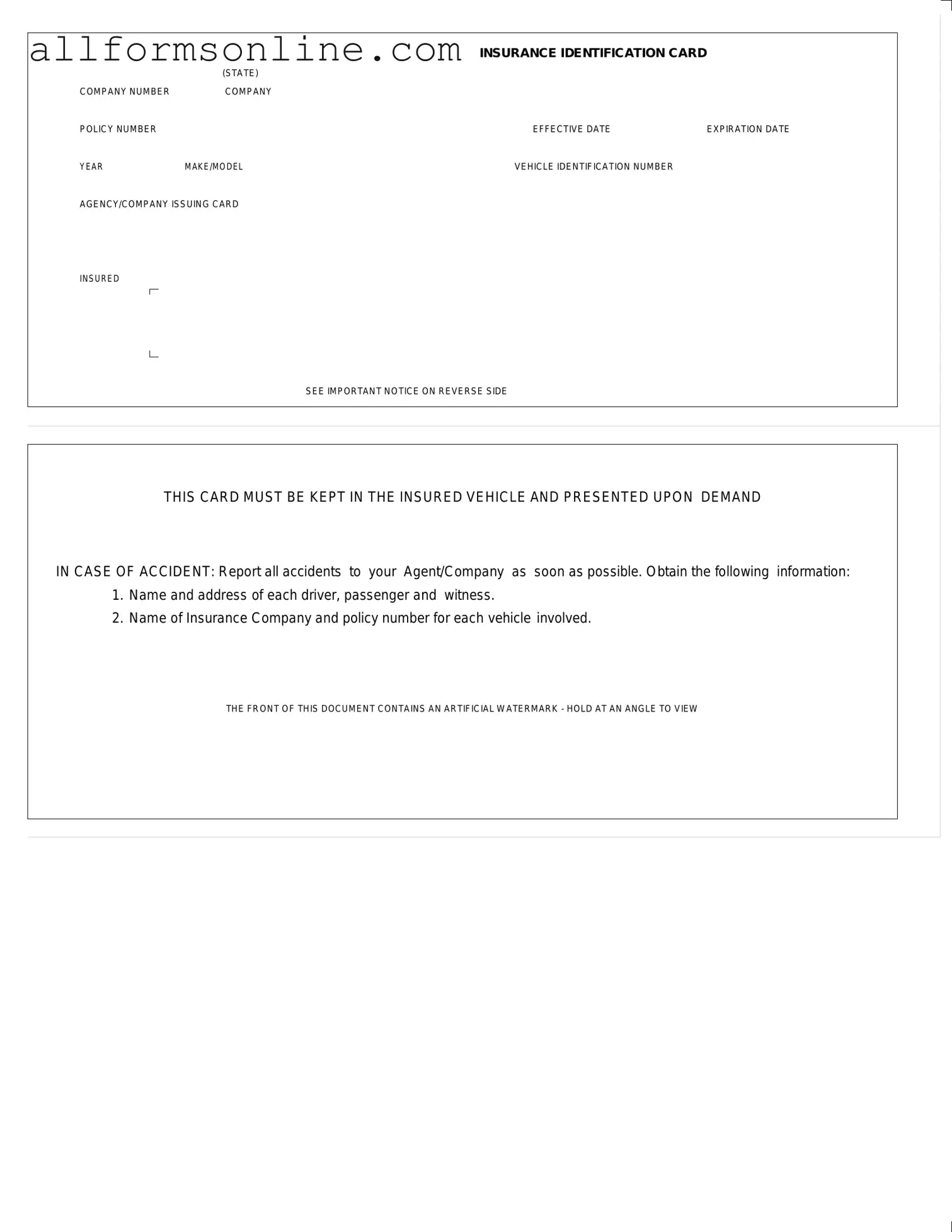Free Auto Insurance Card PDF Form
