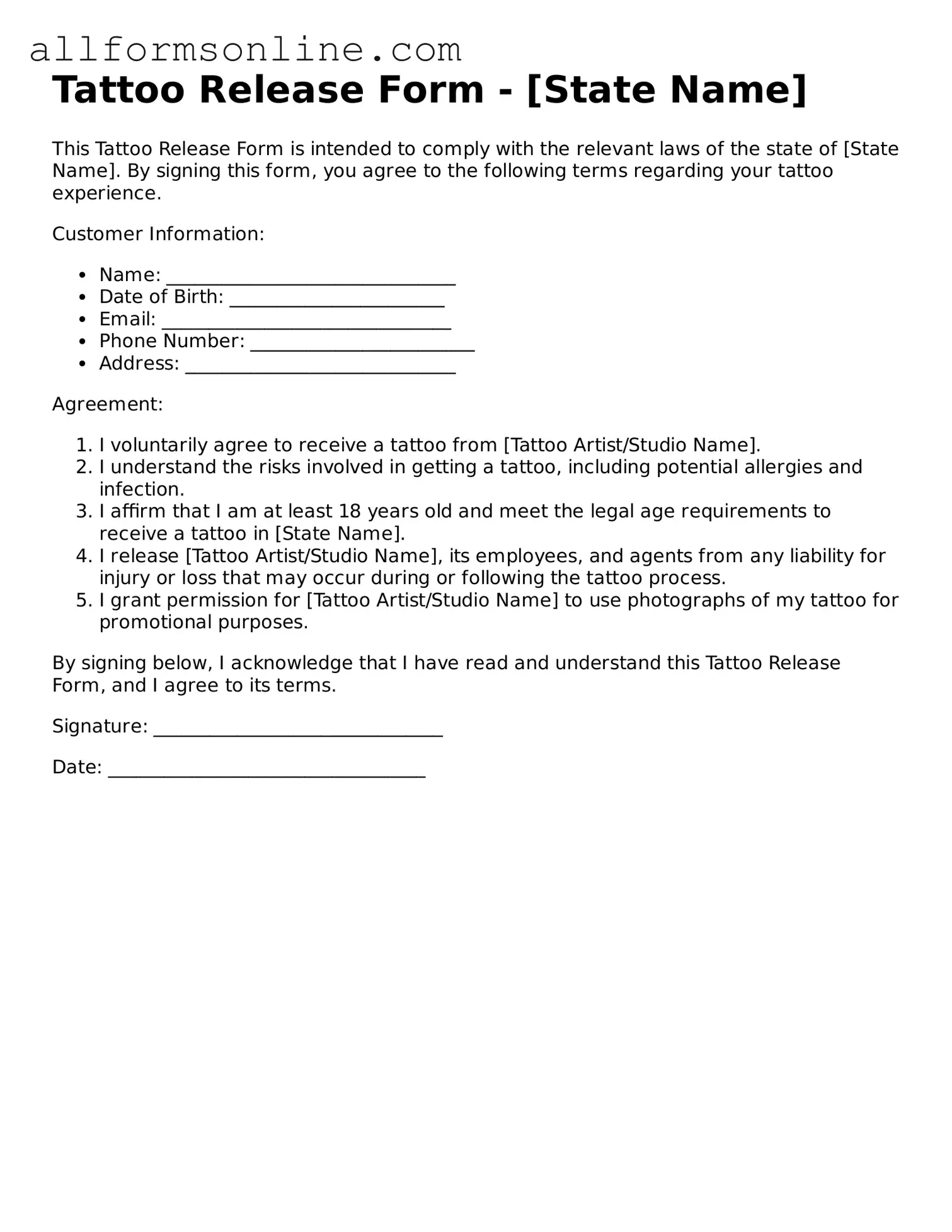 Blank Tattoo Release Form