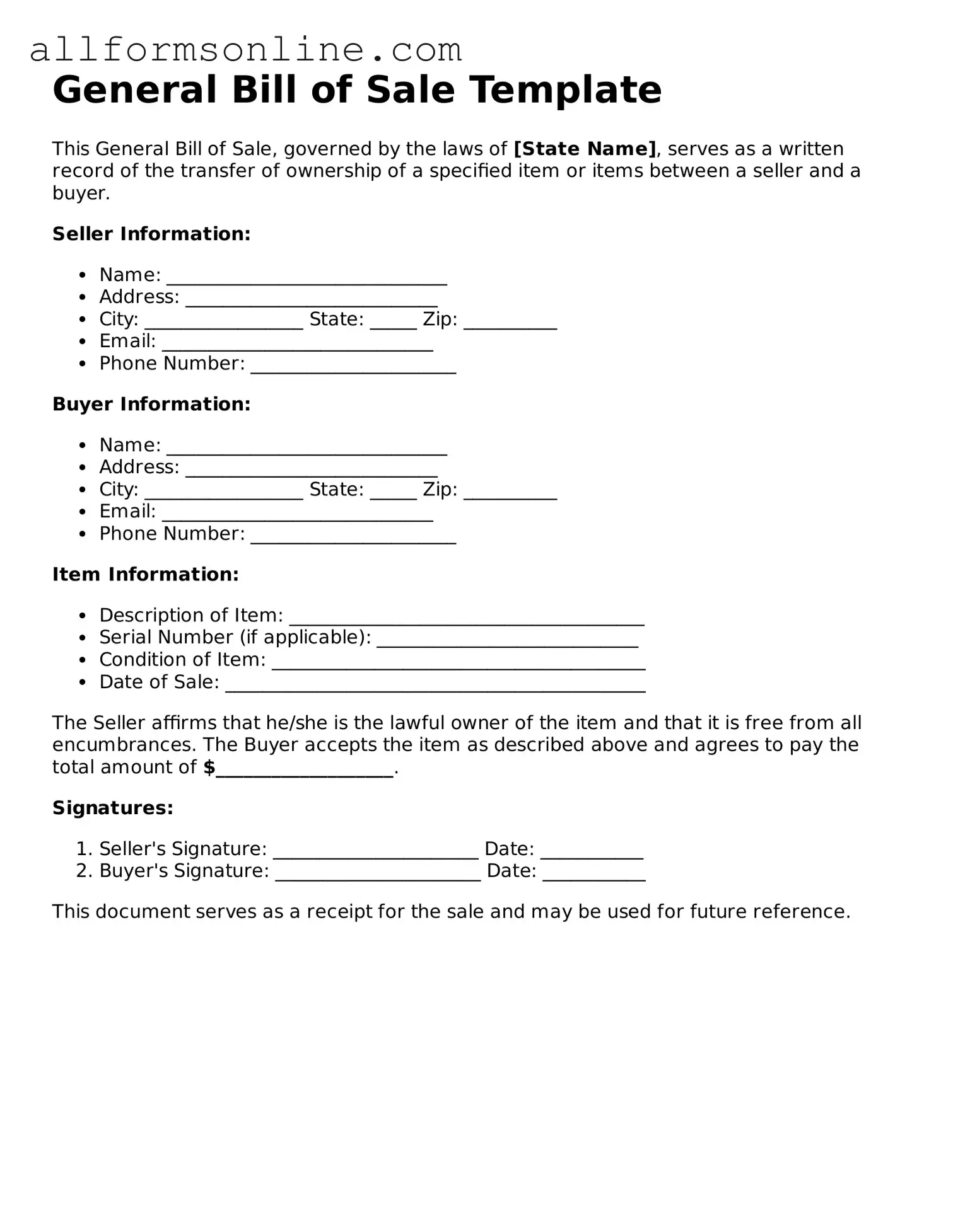 Blank General Bill of Sale Form