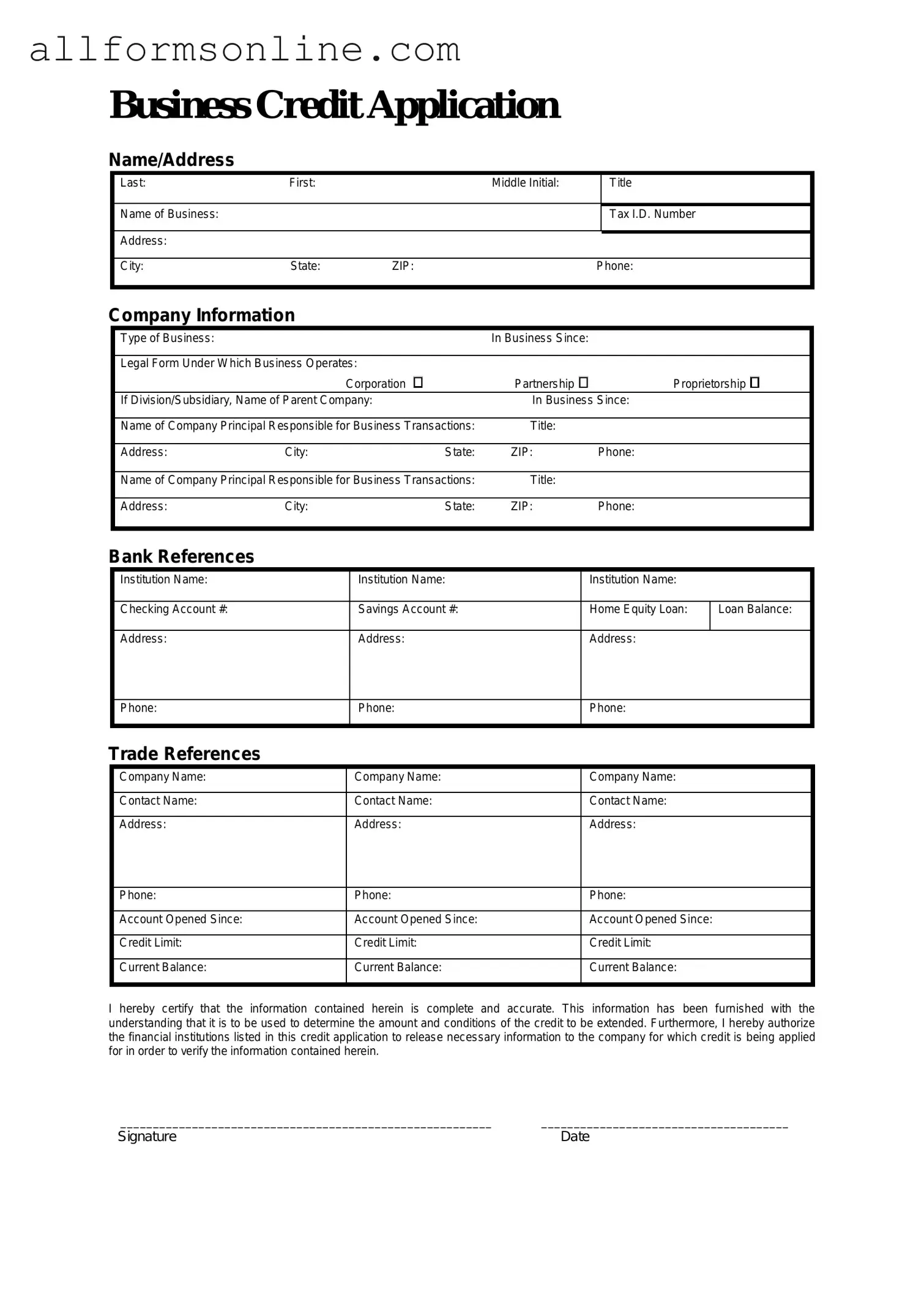 Free Business Credit Application PDF Form