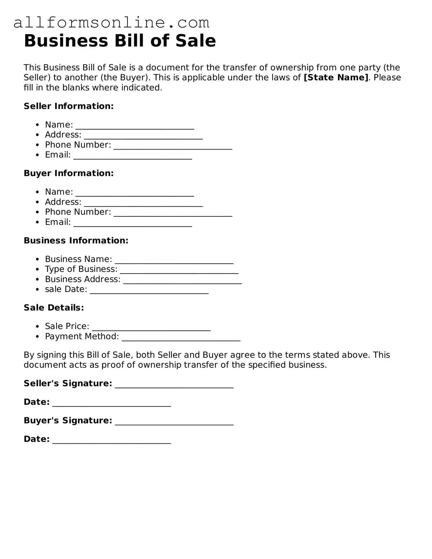 Blank Business Bill of Sale Form