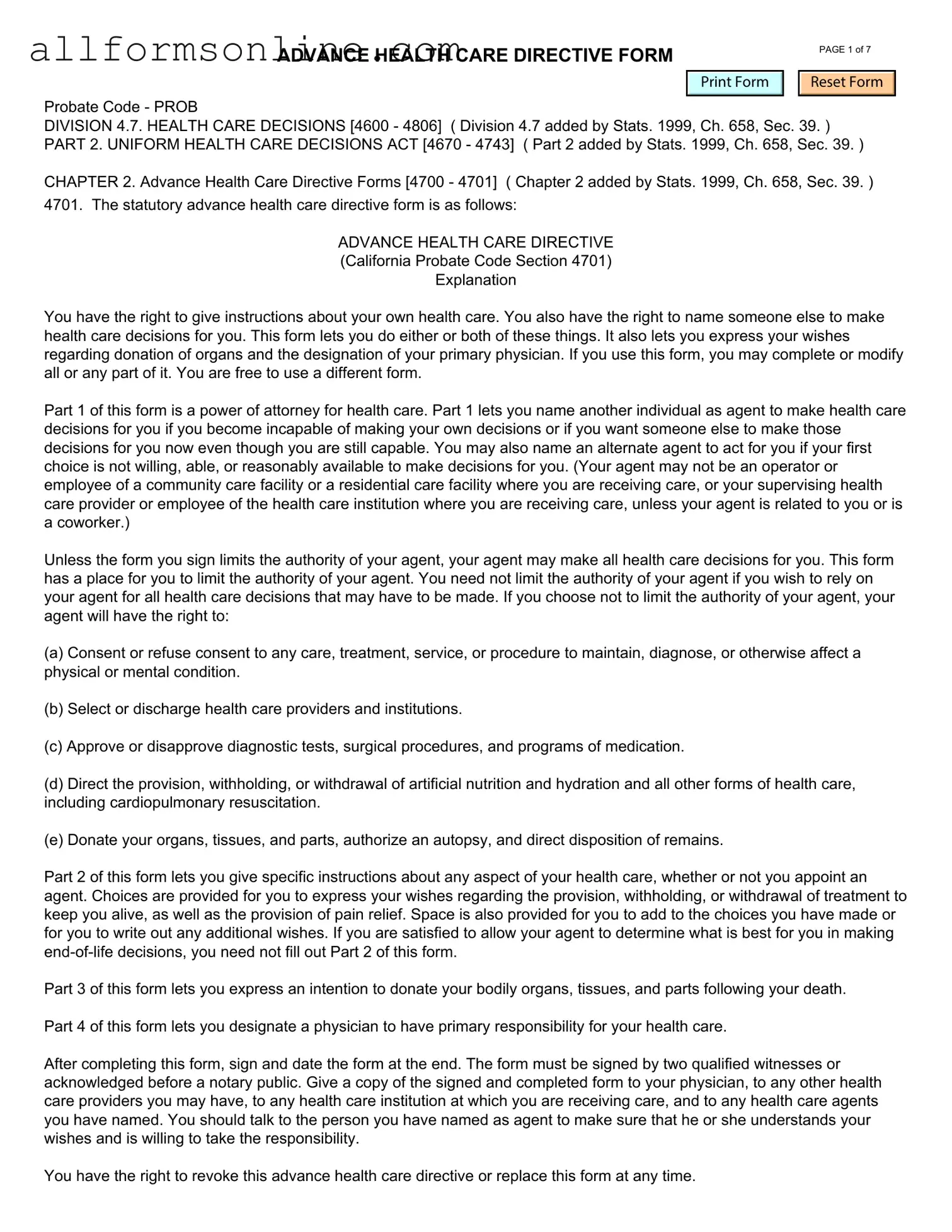 Free California Advanced Health Care Directive PDF Form