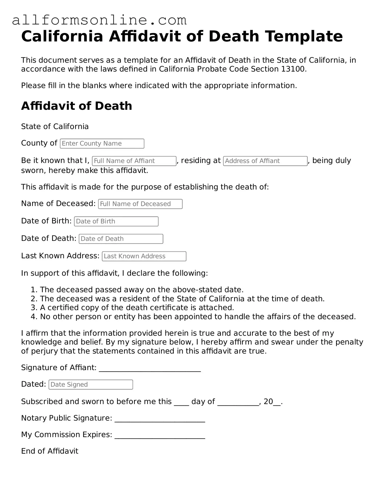 Attorney-Approved  Affidavit of Death Form for California