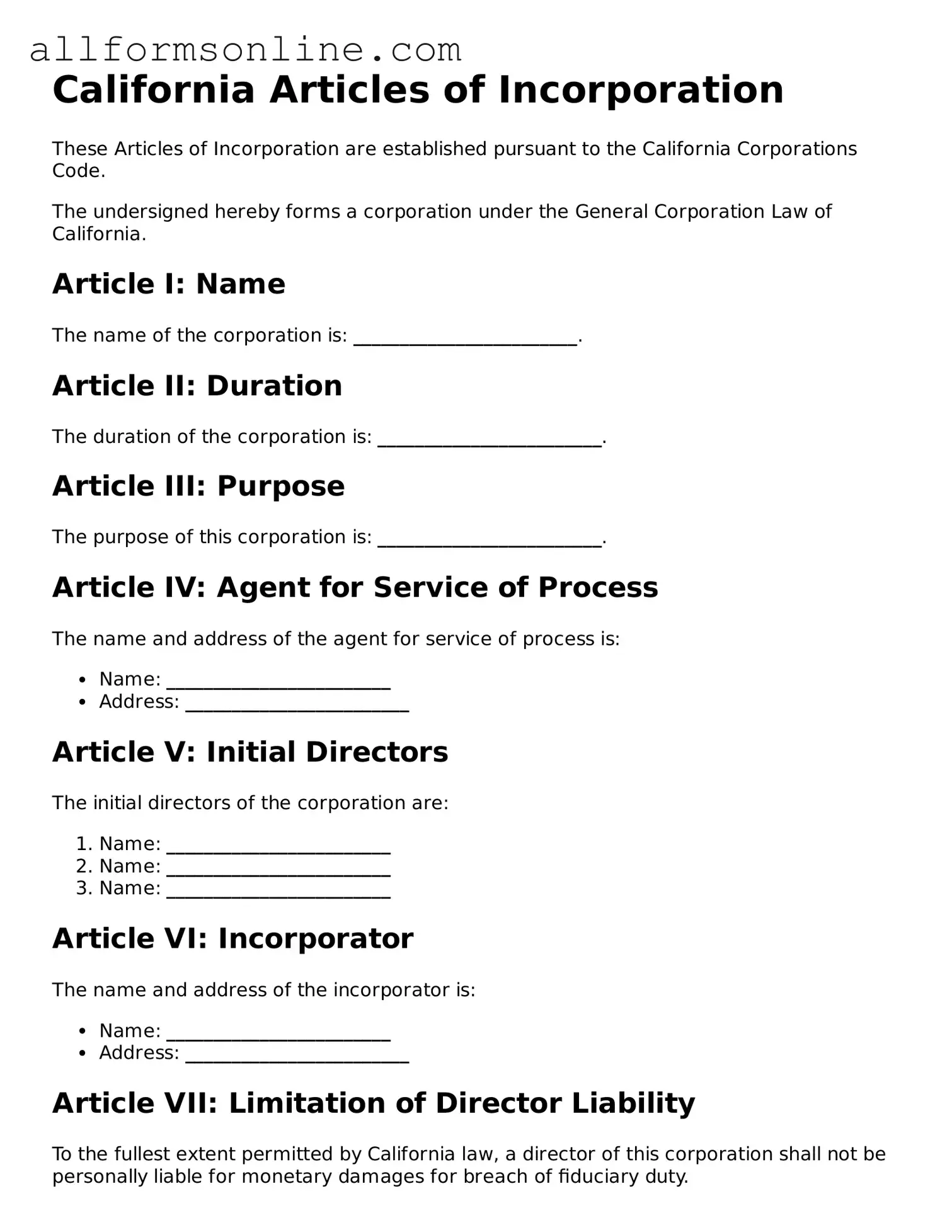 Attorney-Approved  Articles of Incorporation Form for California