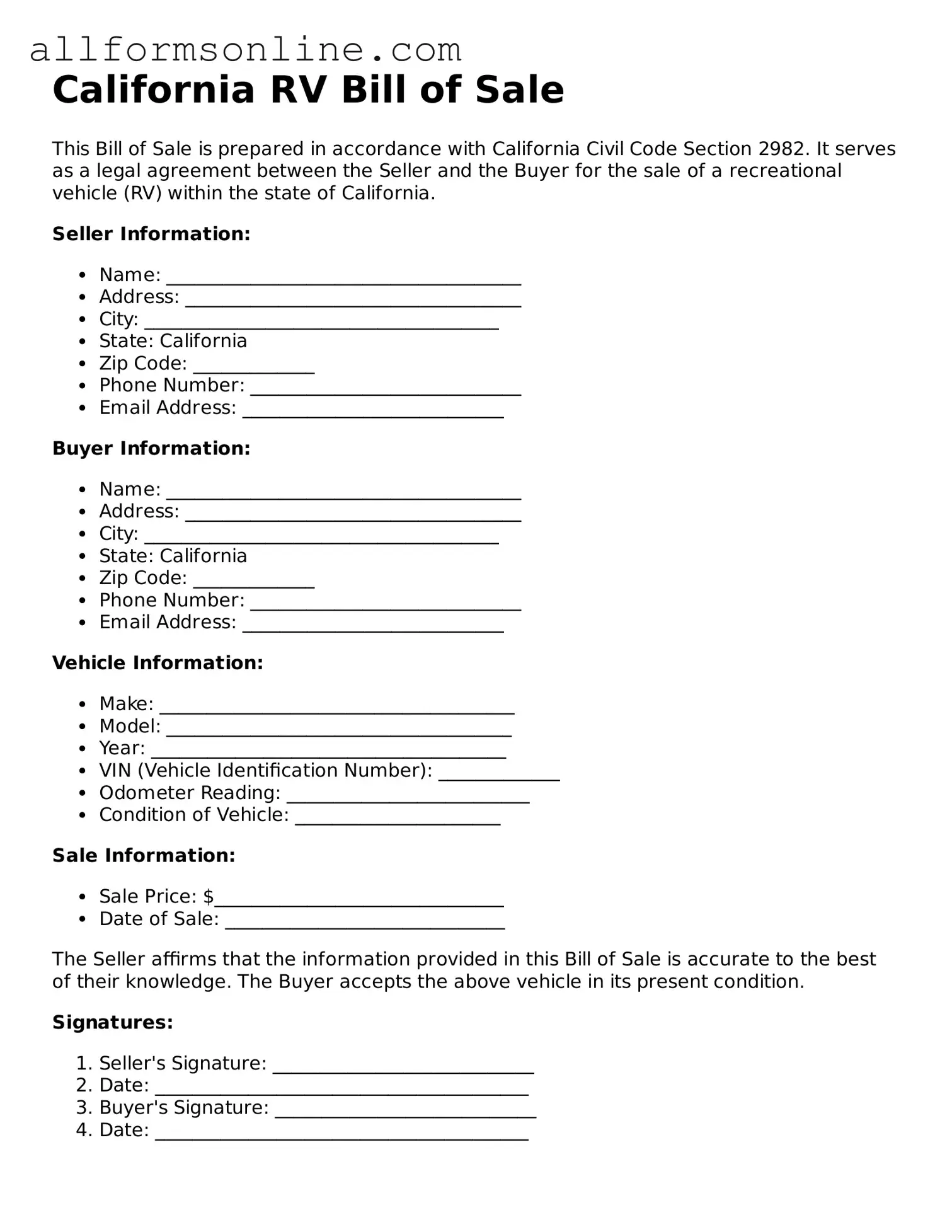 Attorney-Approved  RV Bill of Sale Form for California