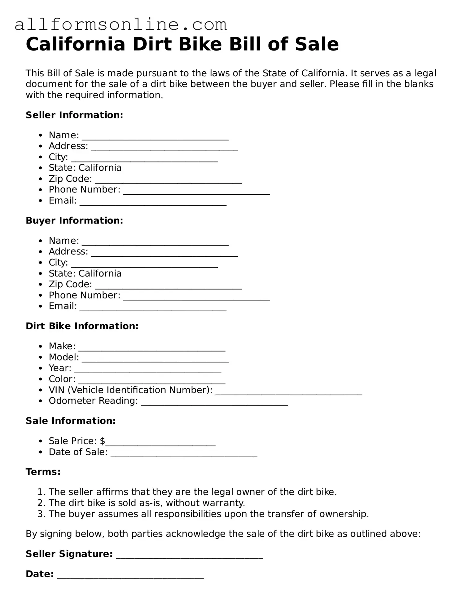 Attorney-Approved  Dirt Bike Bill of Sale Form for California
