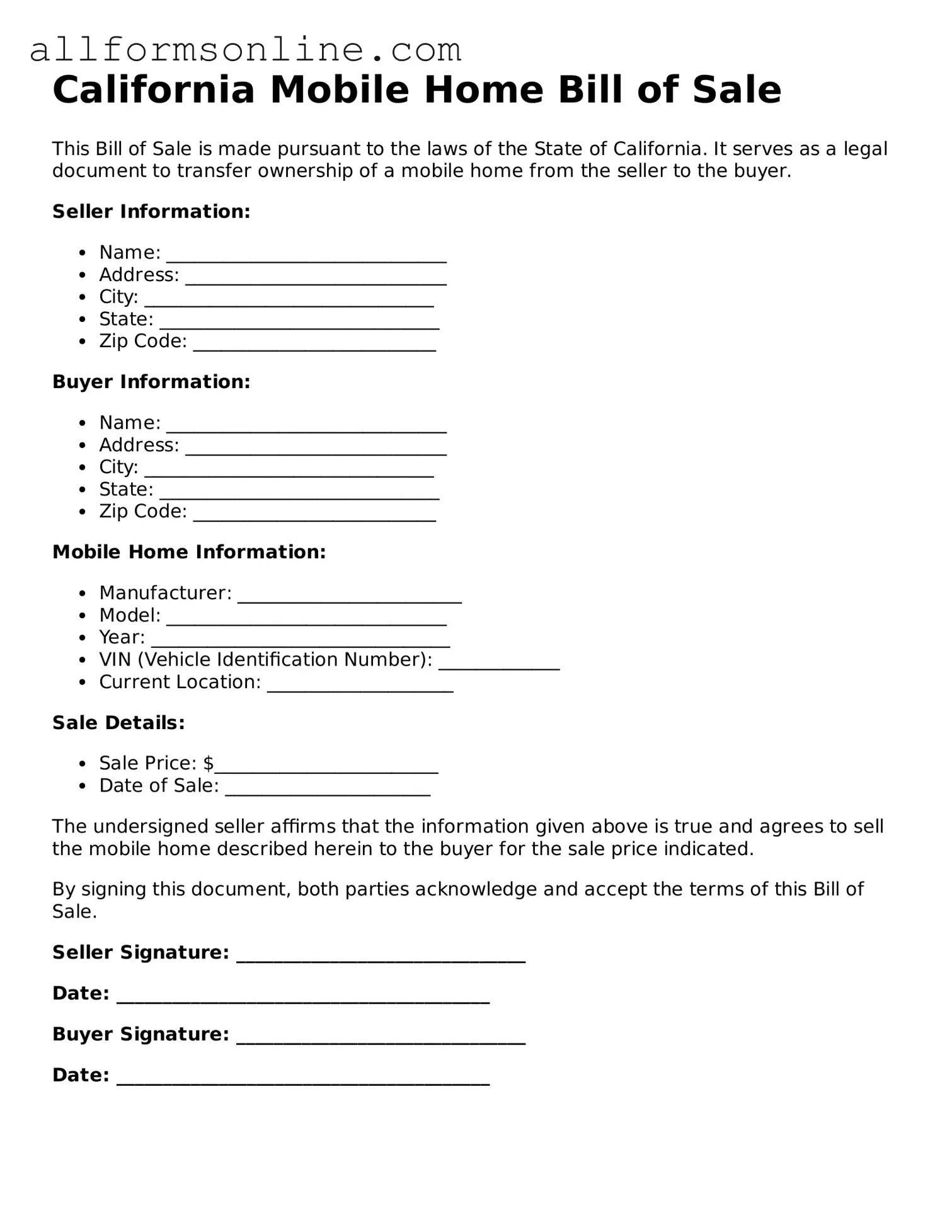 Attorney-Approved  Mobile Home Bill of Sale Form for California