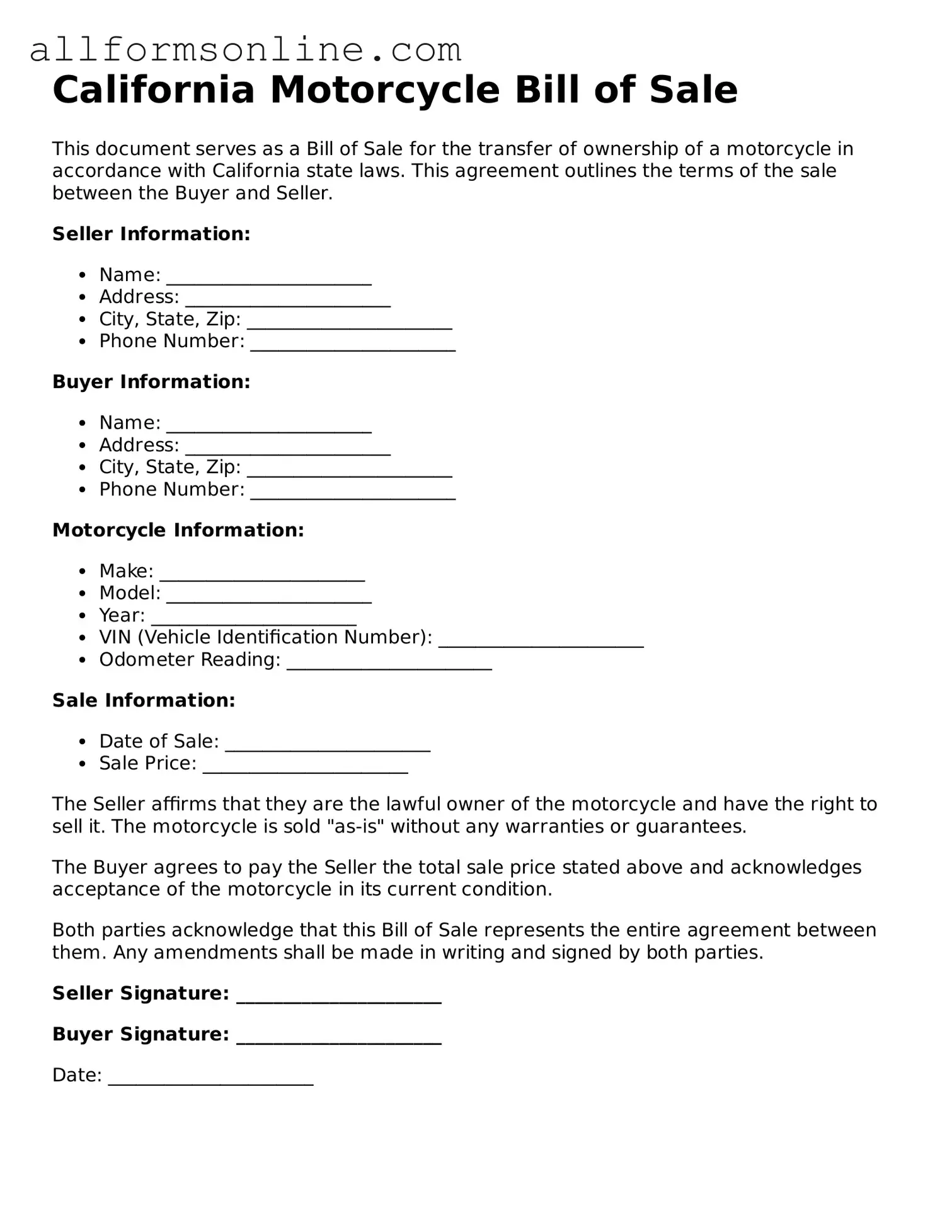 Attorney-Approved  Motorcycle Bill of Sale Form for California