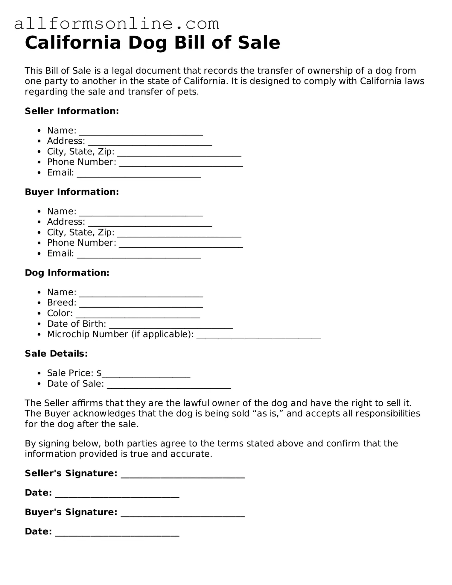 Attorney-Approved  Dog Bill of Sale Form for California