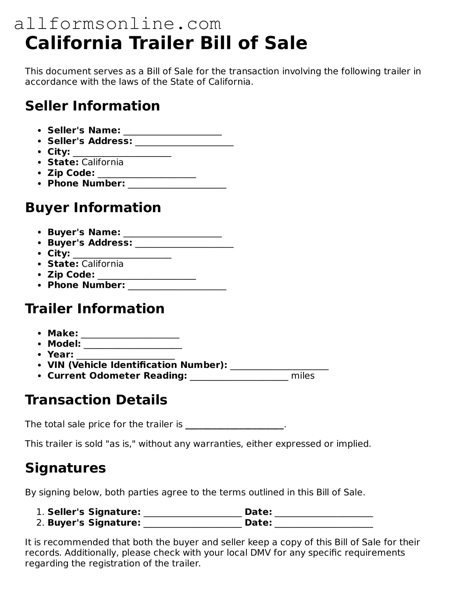 Attorney-Approved  Trailer Bill of Sale Form for California