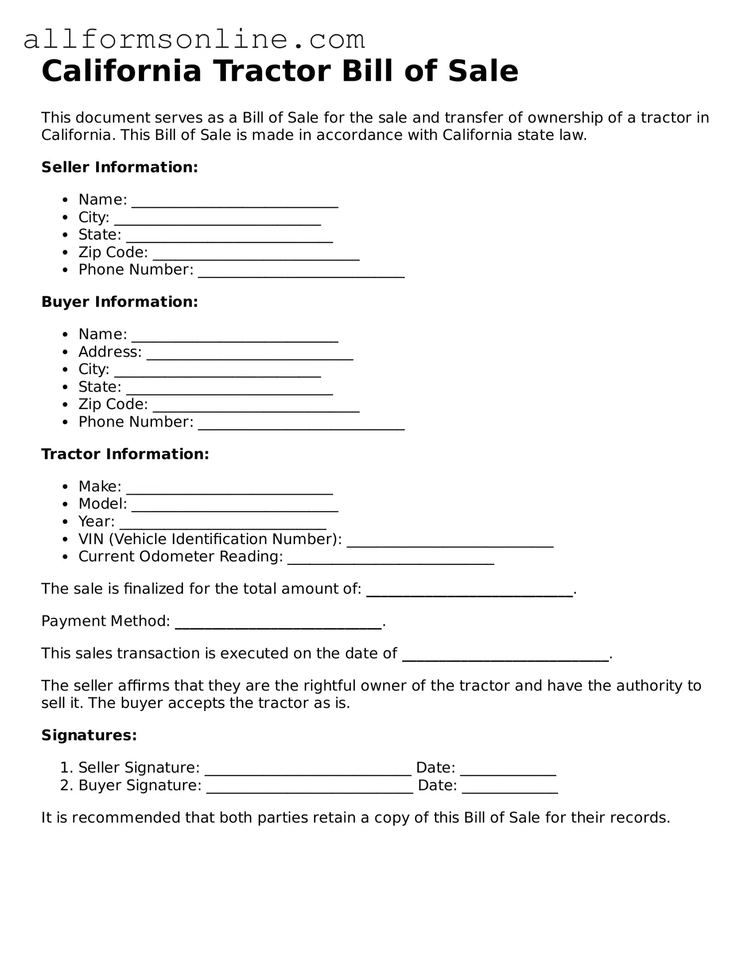 Attorney-Approved  Tractor Bill of Sale Form for California