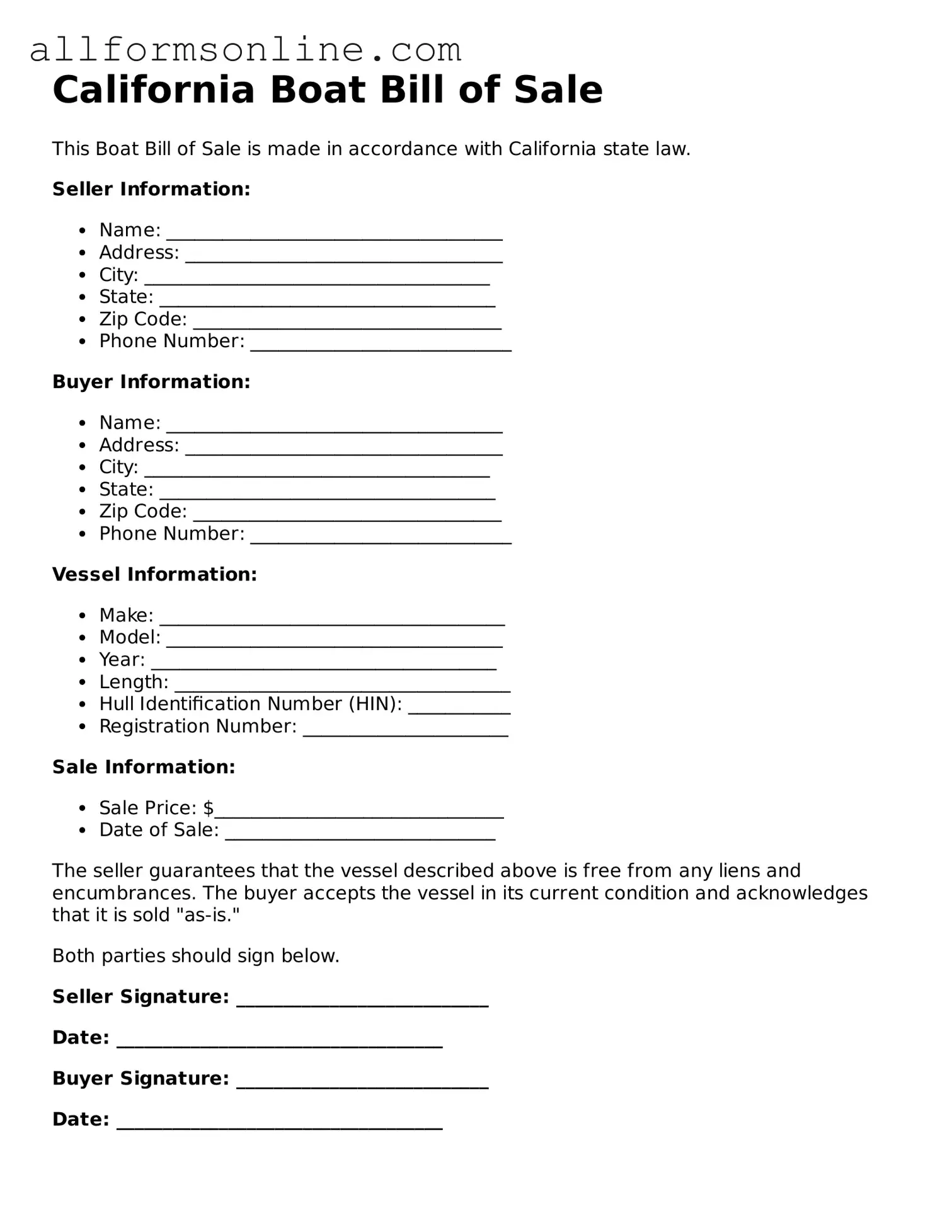 Attorney-Approved  Boat Bill of Sale Form for California