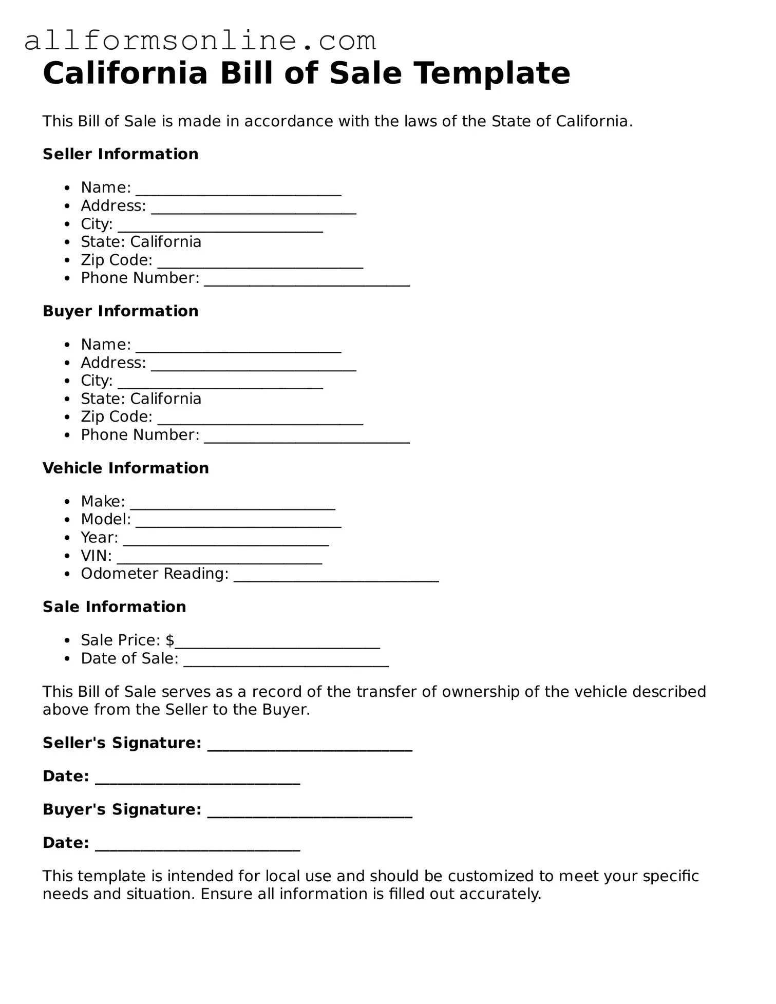 Attorney-Approved  Bill of Sale Form for California