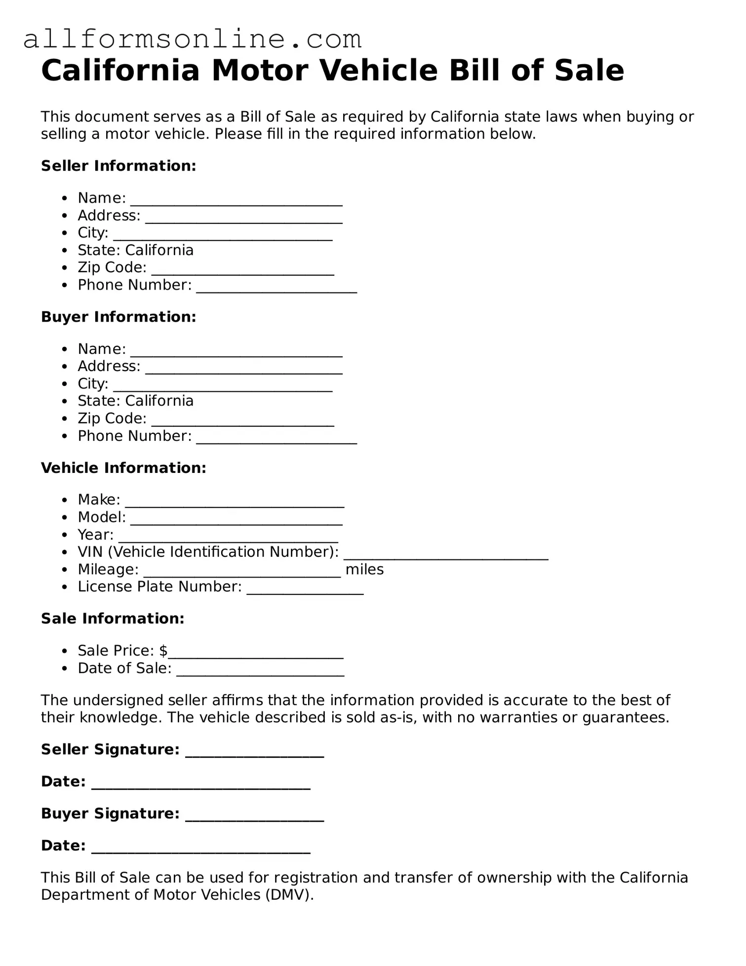 Attorney-Approved  Motor Vehicle Bill of Sale Form for California