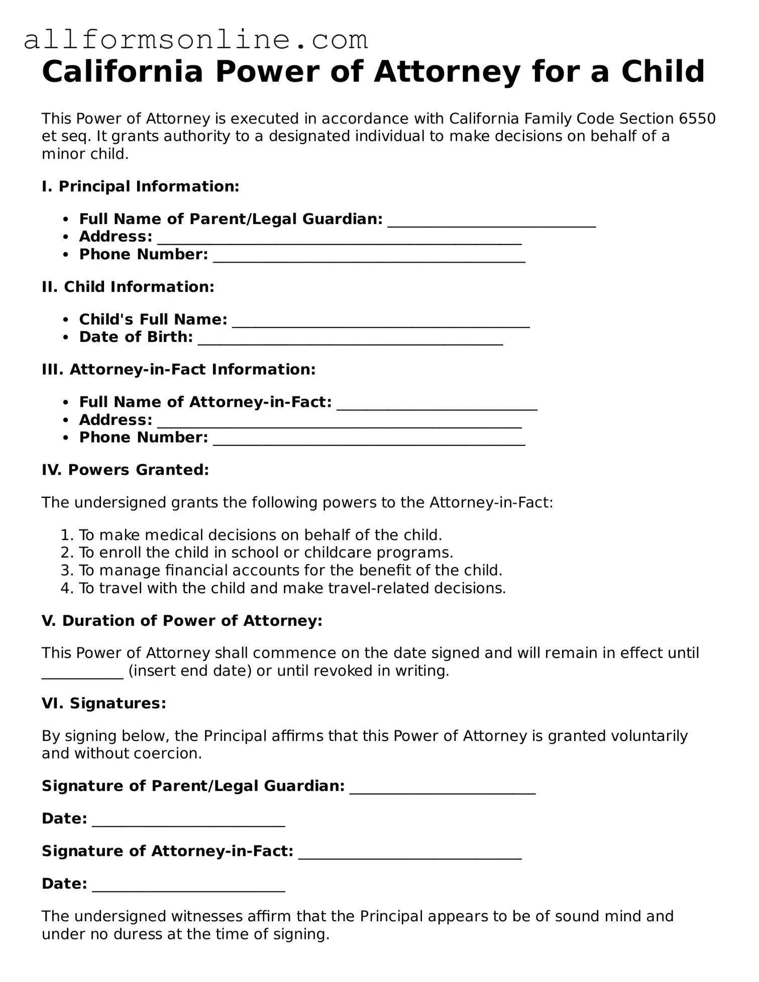 Attorney-Approved  Power of Attorney for a Child Form for California