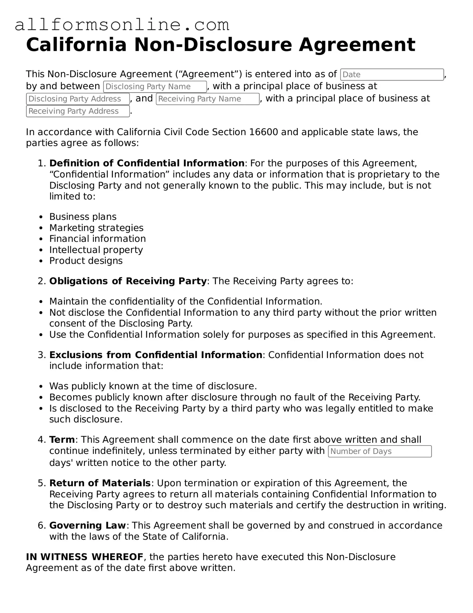 Attorney-Approved  Non-disclosure Agreement Form for California